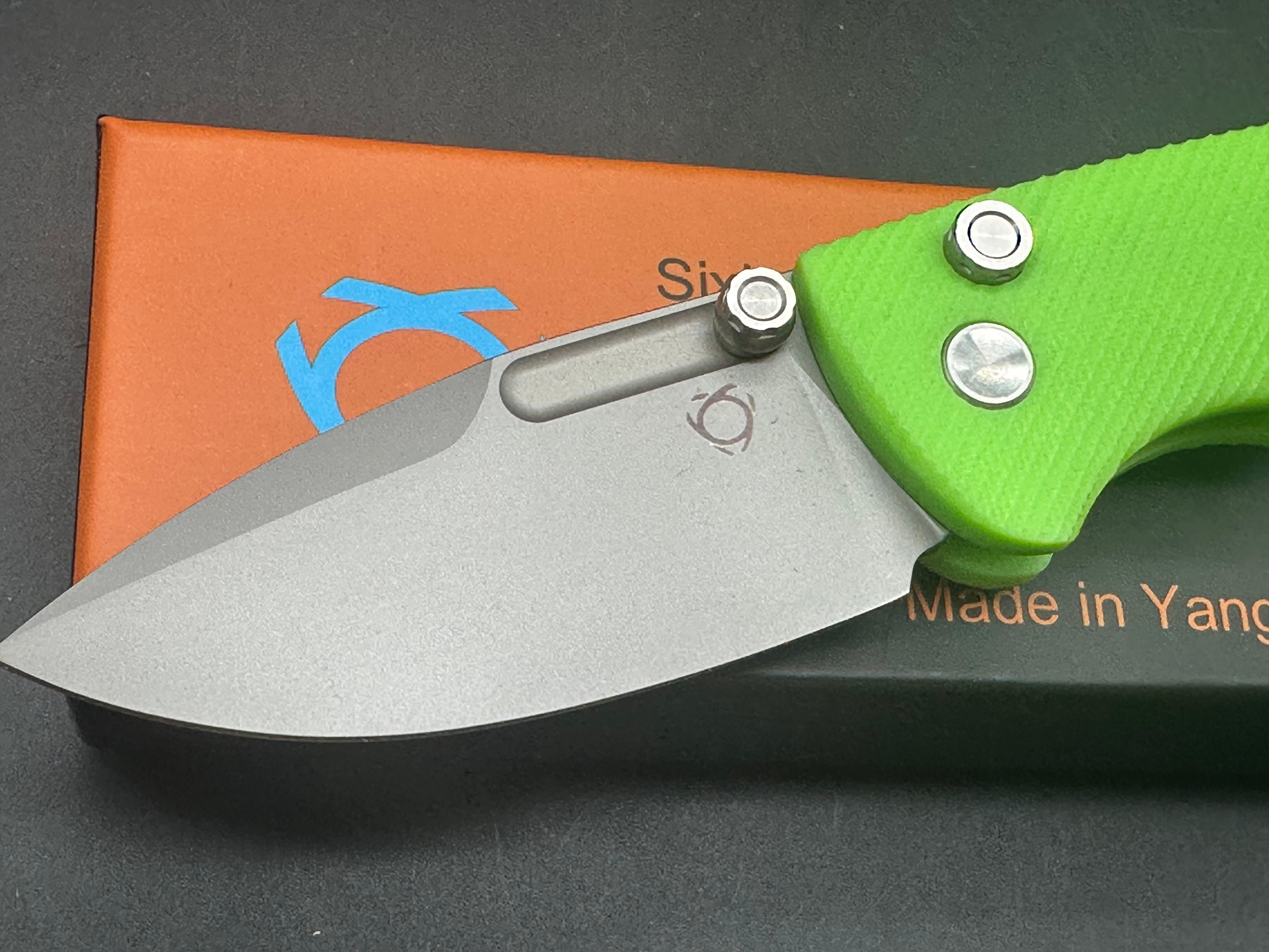 Sixleaf SL 16 Button Lock Pocket Knife - Fluorescent Green G10 Scales & D2 Steel Blade - EDC Folding Knife for Outdoor, Camping & Everyday Carry
