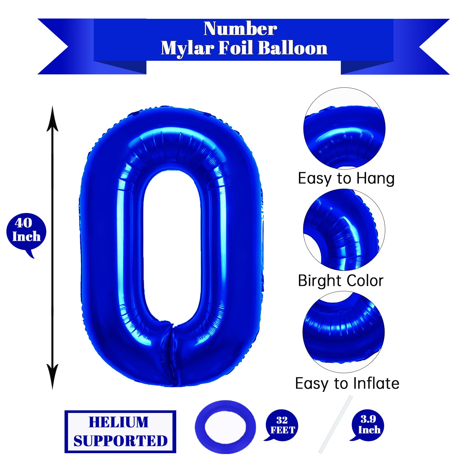 40 Inch Navy Blue & Royal Blue Number 0 Foil Balloon - Helium Ready Giant Digit Balloon for Birthday Parties, Baby Showers, Anniversaries & Special Event Decorations