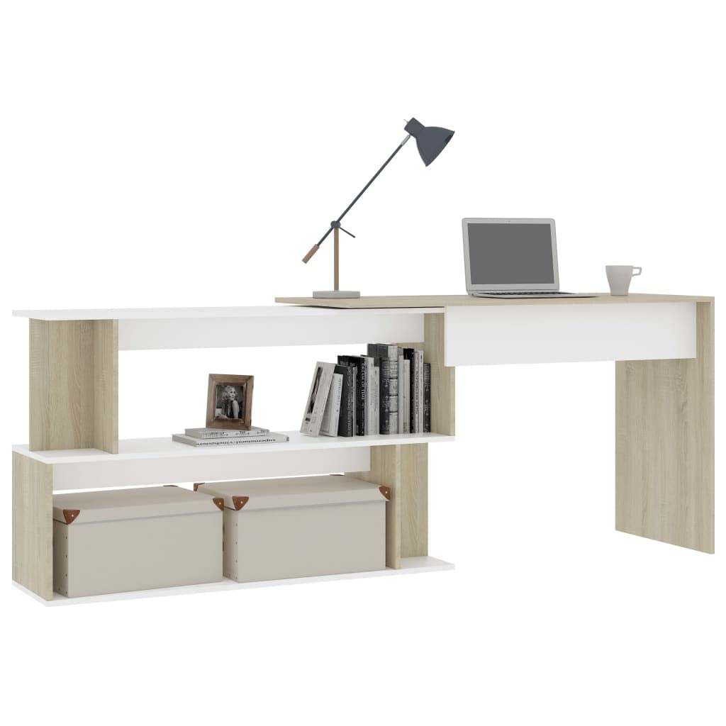 Minimalist White & Sonoma Oak Corner Desk - Space Saving Small Writing Desk with Open Compartments (47.2