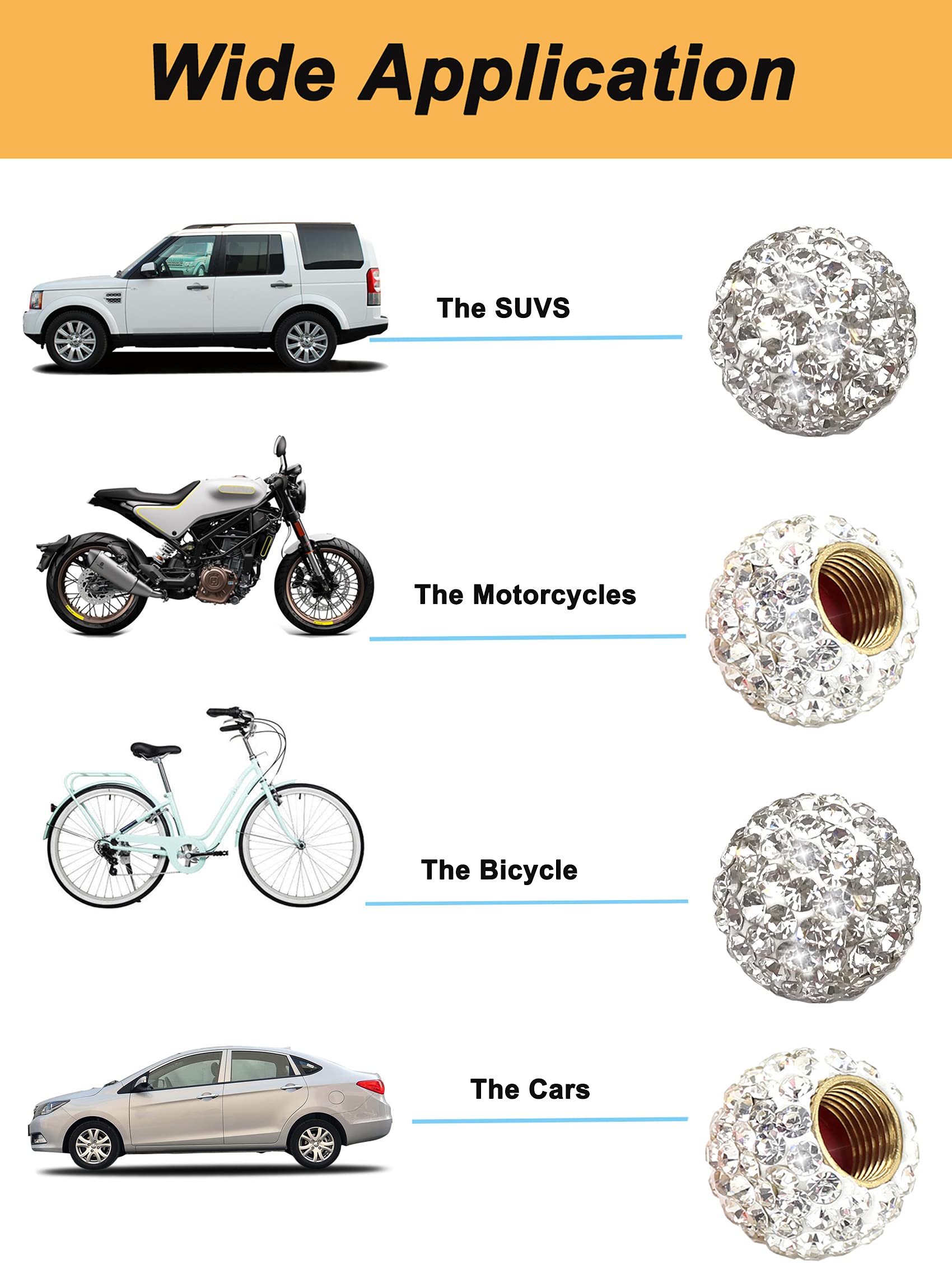 Handmade Crystal Rhinestone Tire Valve Stem Caps - 4 Pack Bling Air Valve Covers for Cars (White) - Stylish Car Accessories for Luxury & Custom Vehicles
