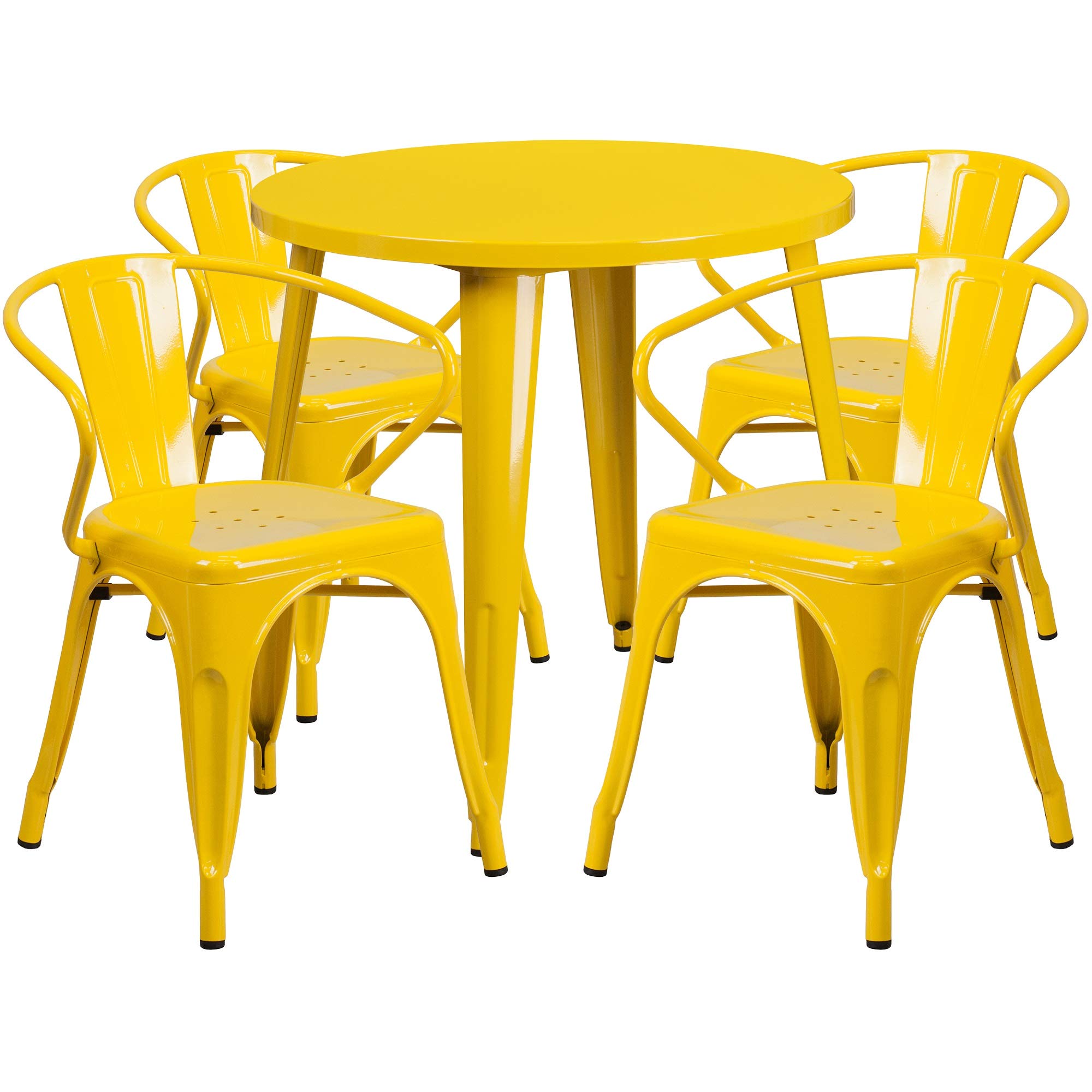F&F Furniture 5-Piece Round Yellow Metal Dining Set - Indoor & Outdoor Patio Table with Arm Chairs (30 Inch) - Perfect for Backyard, Garden, Poolside & Restaurant Outdoor Seating