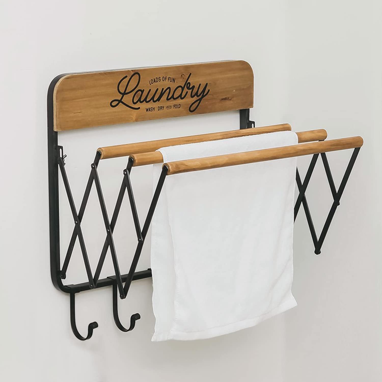 SOFFEE DESIGN Retractable Wall Mounted Laundry Rack - 3 Bars & 5 Hooks Space Saving Clothes Drying Rack for Towels, Shirts & Pants | Perfect for Laundry Room, Bathroom, Mudroom & Small Spaces | Wall Decor & Organization Solution