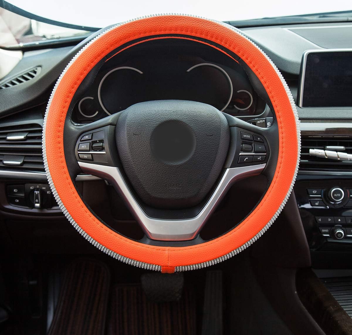 Diamond Leather Steering Wheel Cover with Bling Crystal Rhinestones - Universal Fit 15 Inch Car Wheel Protector for Women & Girls - Orange Luxury Car Accessory for Daily Driving & Gift Giving