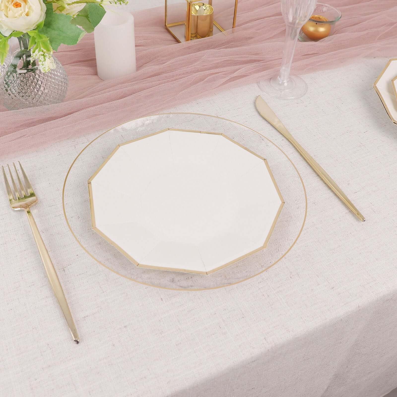 Efavormart 25 Pack 7 Inch Gold Rim White Decagon Dessert Plates, Appetizer Plates & Salad Plates - 300 GSM Heavy Duty Paper Plates for Parties, Weddings & Special Events