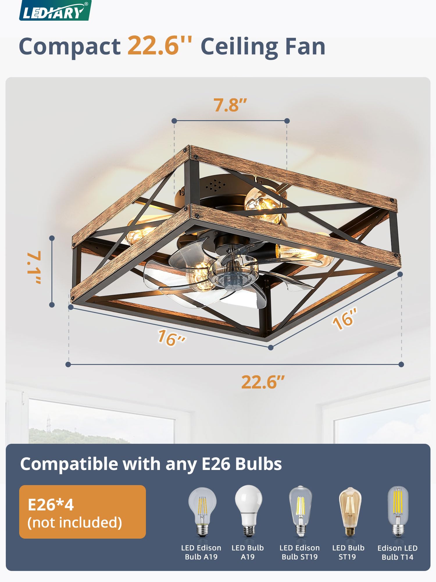 LEDIARY Rustic Square Flush Mount Ceiling Fan with Lights - 6 Speed Reversible Bladeless Design, Remote Control Included - Perfect for Bedroom, Kitchen, Dining Room & Small Farmhouse Spaces | Energy Efficient & Quiet Operation
