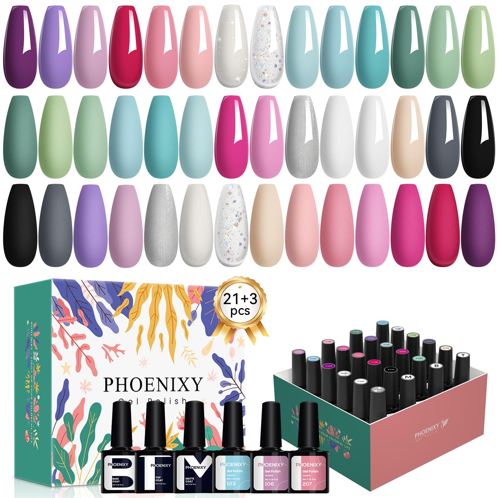PHOENIXY 21 Colors Gel Nail Polish Set - Pink, Red, Blue, Green, Gray, Black & Glitter Nail Kit with Base Coat, Glossy & Matte Top Coat | Long Lasting Salon Quality Nail Polish | Perfect for DIY Manicures, Nail Art & Gift for Women