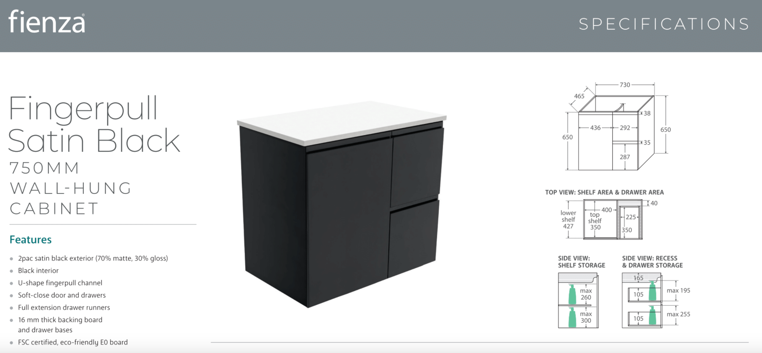 Fienza VAN75ZBL Vanessa 30-Inch Wall Mounted Bathroom Vanity with Left Drawers in Satin Black - Perfect for Modern Small Bathrooms & Powder Rooms
