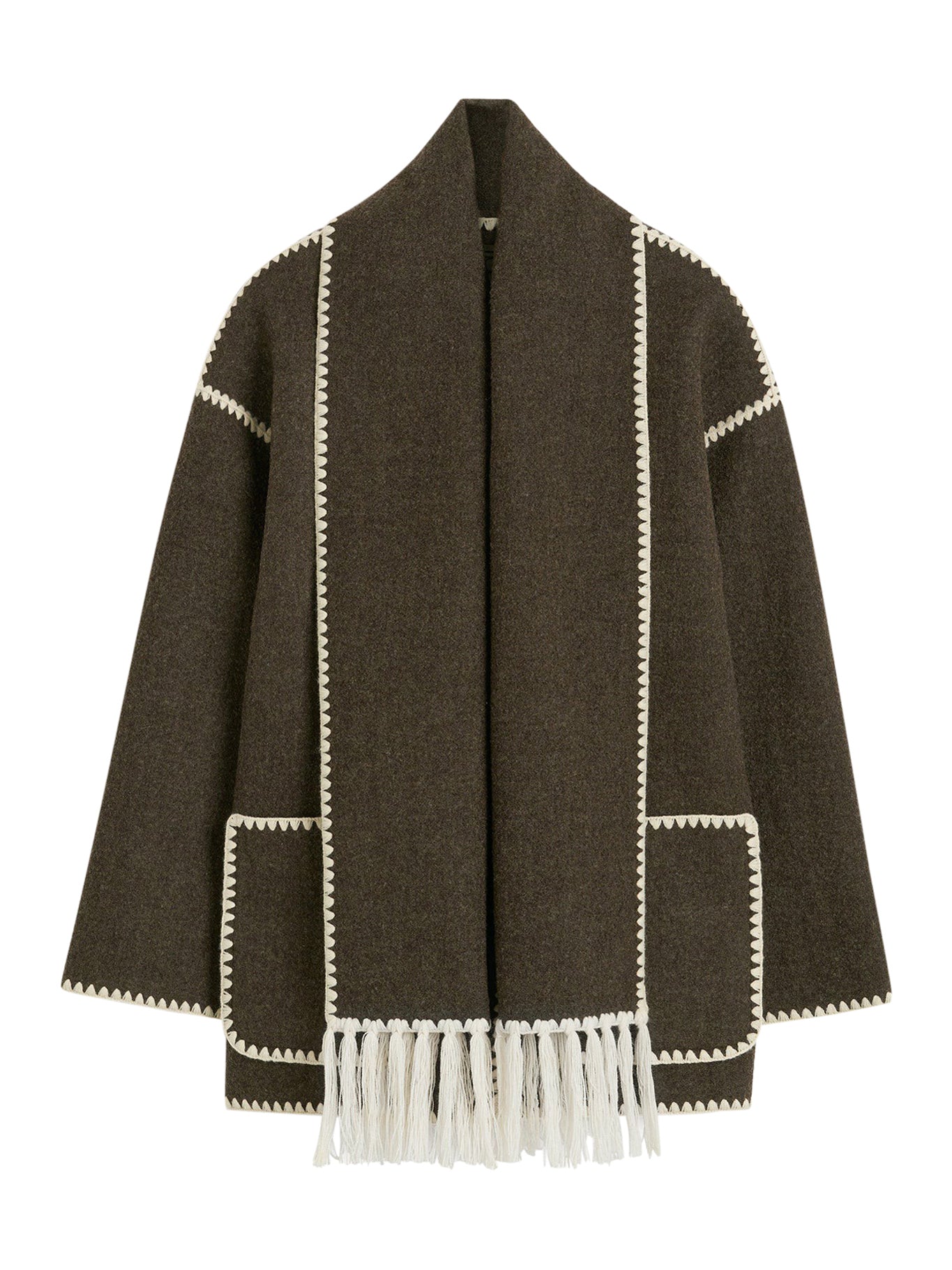 Embroidered Scarf Jacket for Women - Chocolate Melange Color - Cozy Winter Fashion Outerwear for Casual Outings & Office Wear