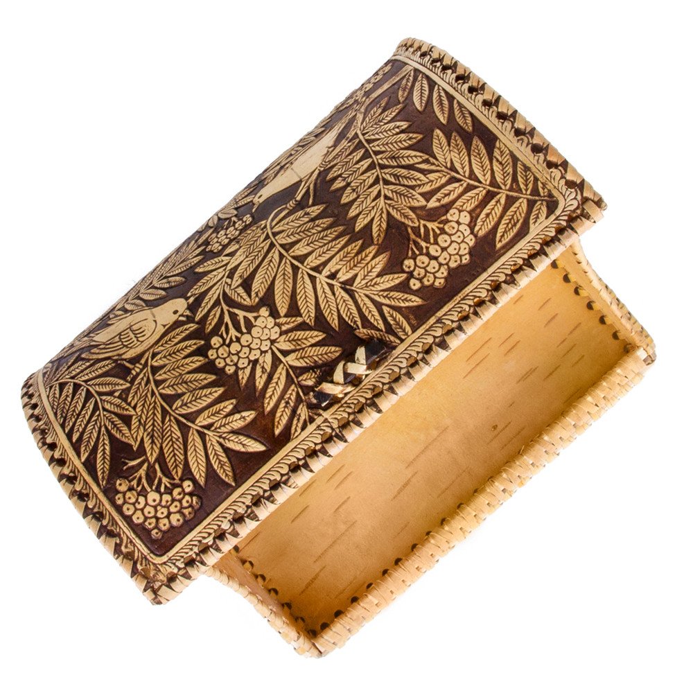 Handmade Natural Birch Bark Wooden Roll Top Bread Box - Rustic Kitchen Food Storage Container with Birds Pattern - Perfect for Bread, Pastries, and Pantry Organization