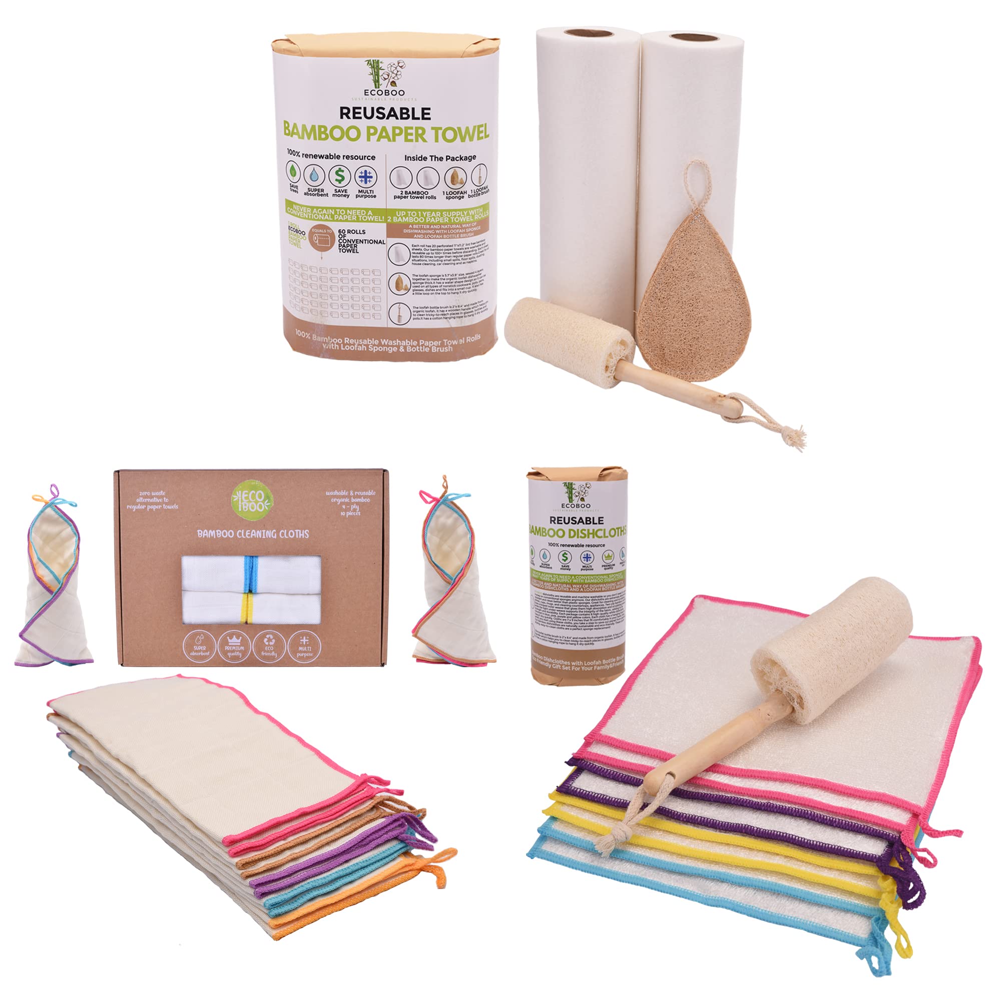 ECOBOO Reusable Paper Towels & Dishcloths Bundle - 10 Unpaper Towels, 2 Rolls (40 Sheets), 1 Loofah Sponge, 2 Bottle Brushes, 8 Dishcloths - Eco-Friendly Kitchen Cleaning Set for Sustainable Home Use