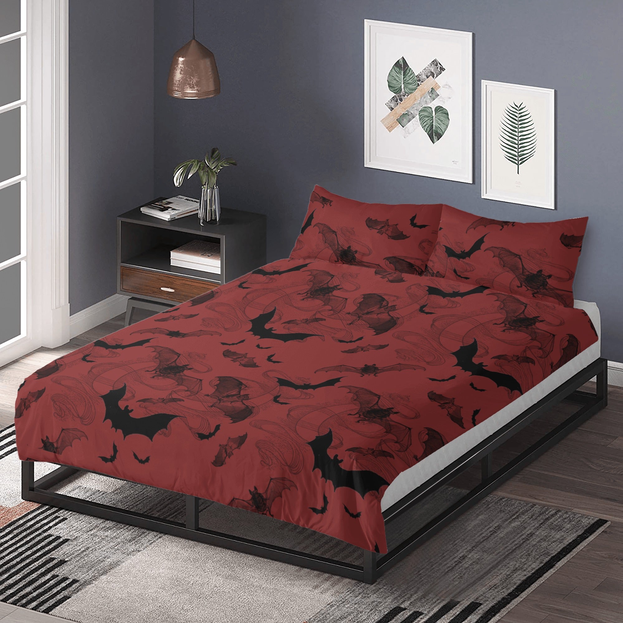 Gothic Bats on Red 3-Piece Bedding Set - Spooky Halloween Bedroom Decor for Goth & Horror Theme Rooms