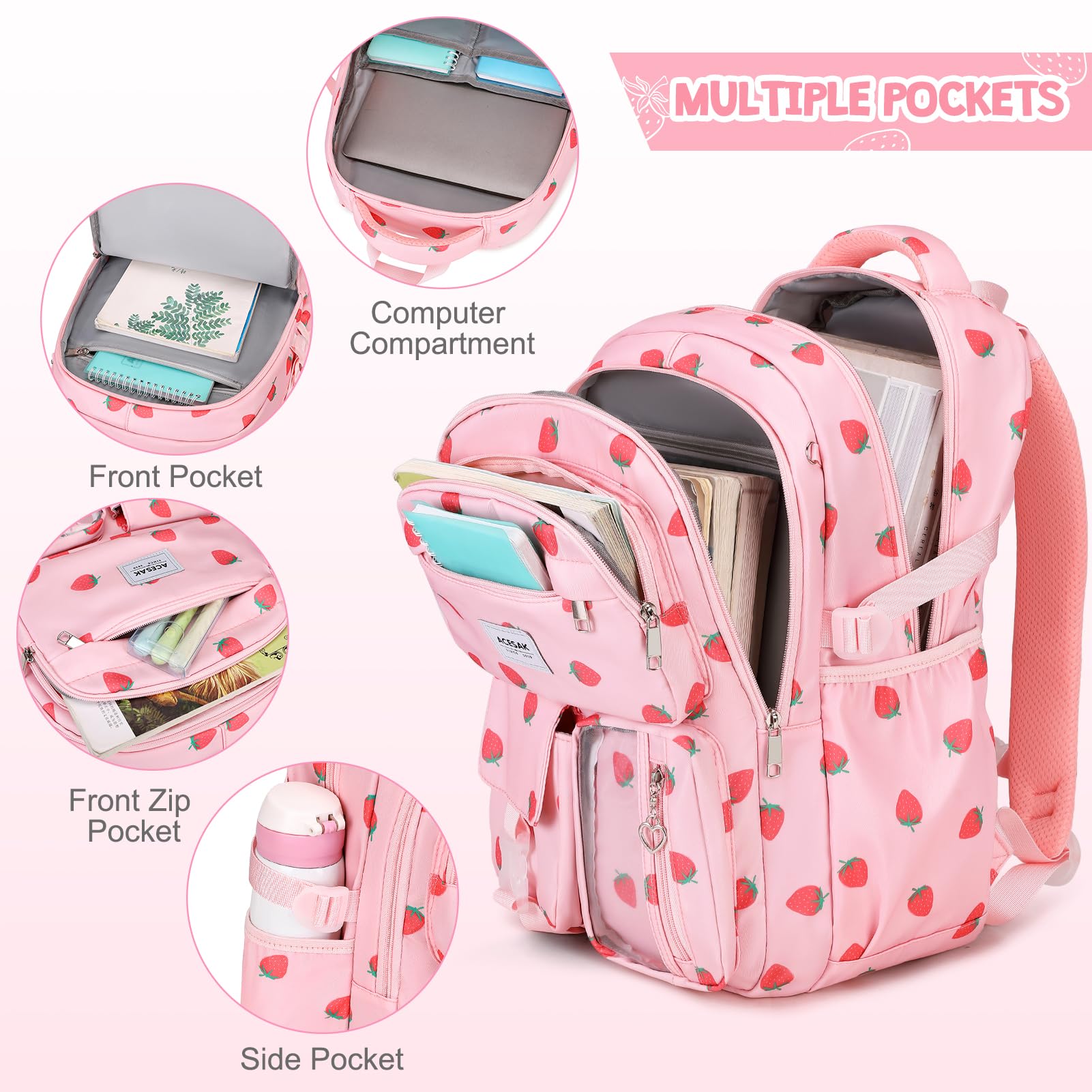 Stylish Pink Strawberry Backpack for Girls - School Bookbag with Lunch Bag & Pencil Pouch, Durable Laptop Backpack for Teen Girls, Women & Kids - Perfect for Elementary, Middle, High School & Travel Daypack