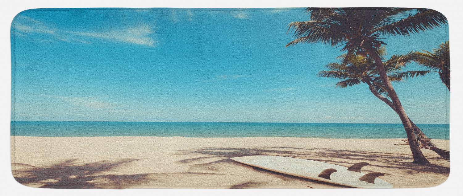Retro Surfboard & Palm Tree Plush Non-Slip Kitchen Mat - 47x19 Inch Blue Champagne Beach Decor - Perfect for Coastal Kitchens, Beach Houses & Vacation Rentals