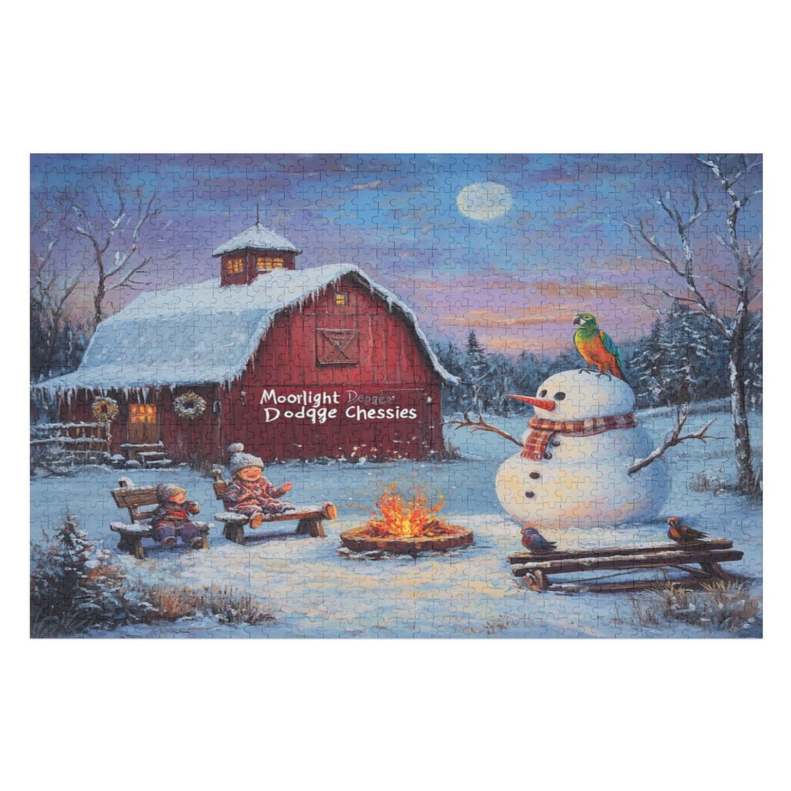 1000 Piece Adult Jigsaw Puzzle - Whimsical Winter Scene with Old Red Barn & Snowman Family | Christmas Holiday Wooden Puzzle for Family Games & Activities | Perfect for Winter Evenings, Gift Giving & Relaxation