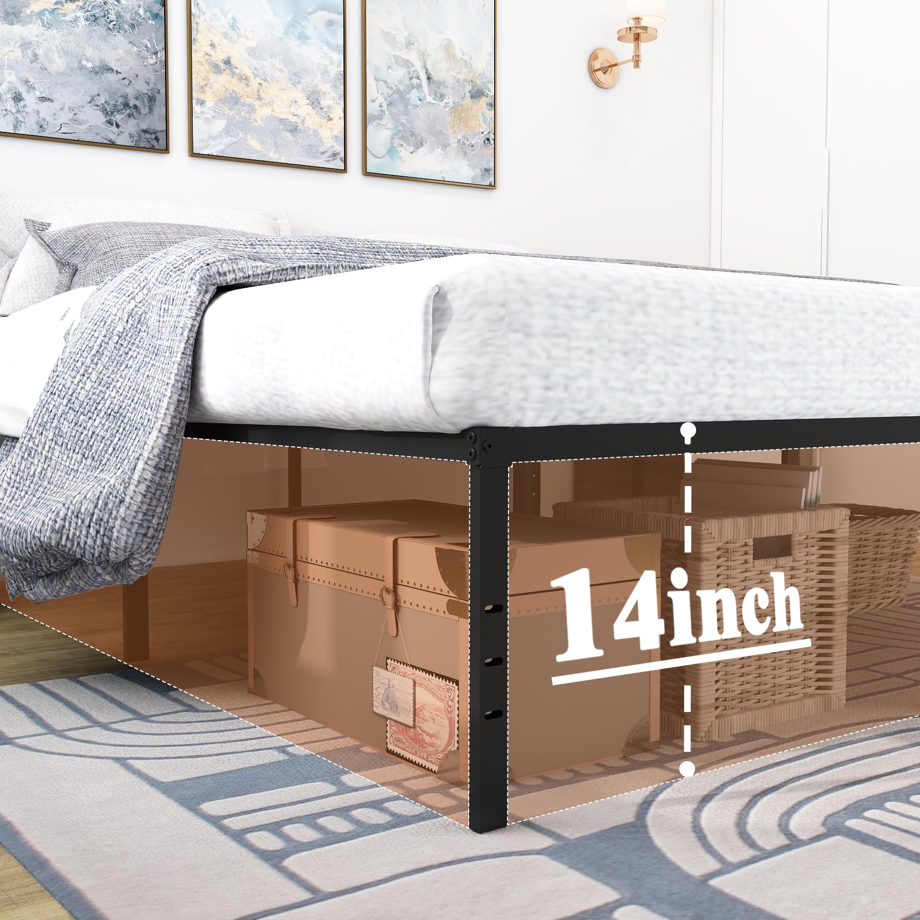 Heavy Duty Queen Size Metal Bed Frame with 3500lbs Capacity - 14 Inch High Platform with Underbed Storage, No Box Spring Needed, Easy Assembly, Black - Perfect for Small Spaces, Guest Rooms & Dormitories