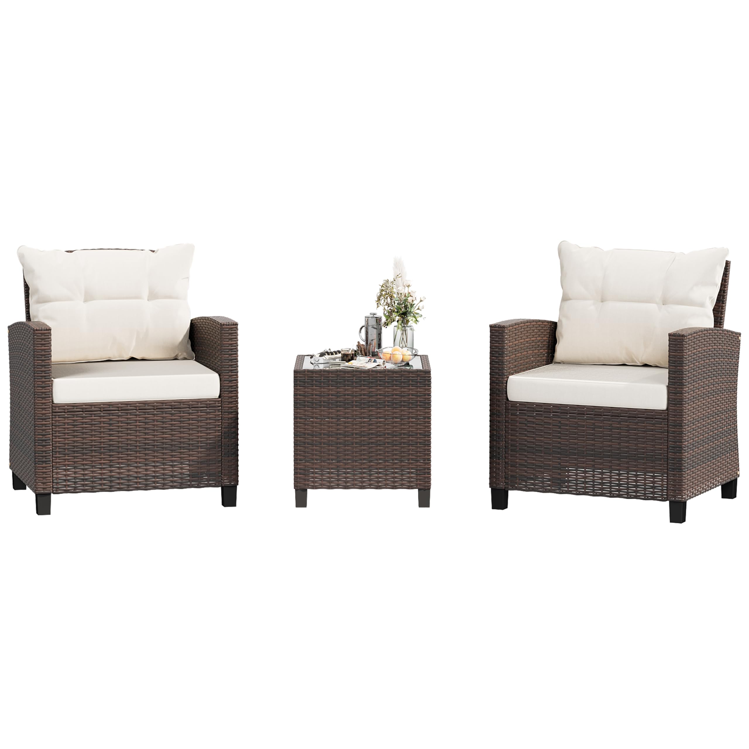 Shintenchi 3-Piece Patio Furniture Set - PE Rattan Wicker Chairs with Table, Outdoor Dining Set for Backyard, Garden, Poolside - Brown Rattan with White Cushions | Perfect for Outdoor Entertaining, Relaxation & Al Fresco Dining