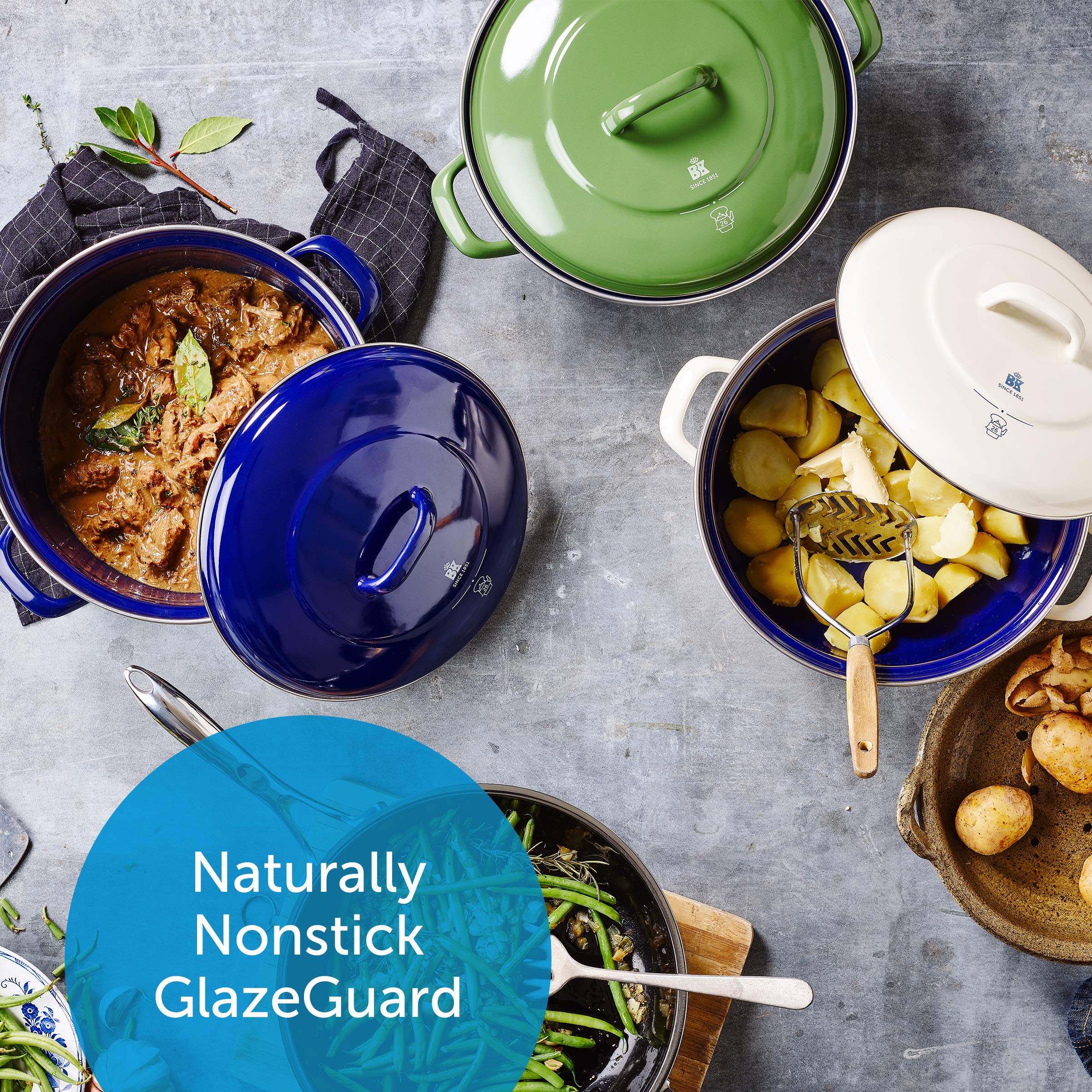 BK Indigo Dutch Heritage Round German Enameled Casserole Pot with Lid - PFAS-Free Ceramic Non-Stick Coating, 4.2L (24cm), Induction, Oven & Dishwasher Safe, Green - Perfect for Slow Cooking, Baking & Serving Dishes
