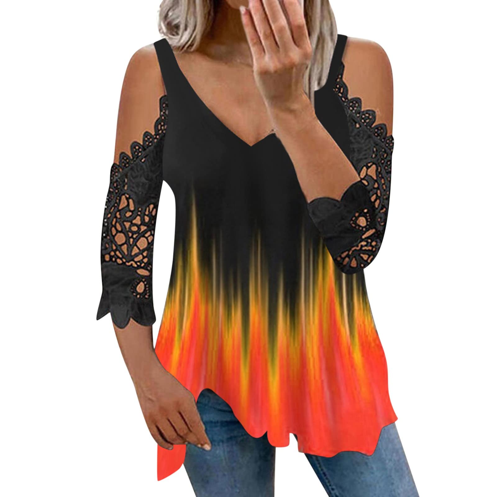 Sexy Cold Shoulder Tops for Women - Lace 3/4 Sleeve V Neck Zipper Pullover T-Shirt | Plus Size Summer & Spring Tunic Blouse for Date Night, Party & Casual Outfits