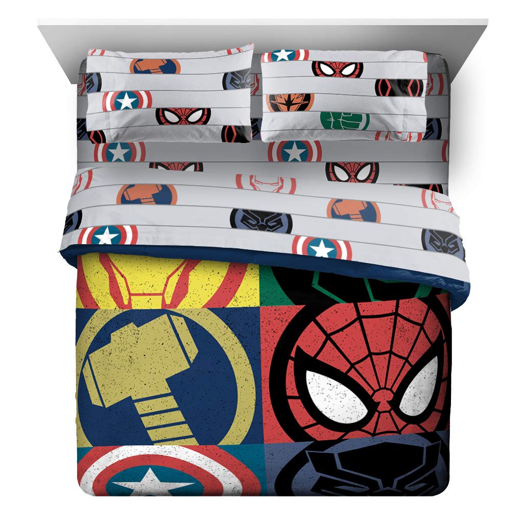Jay Franco Marvel Avengers Emblems 7-Piece Queen Bedding Set - Super Soft Fade-Resistant Microfiber Comforter & Sheet Set (Official Licensed Marvel Product) - Perfect for Superhero Themed Bedrooms, Kids Rooms & Marvel Fans
