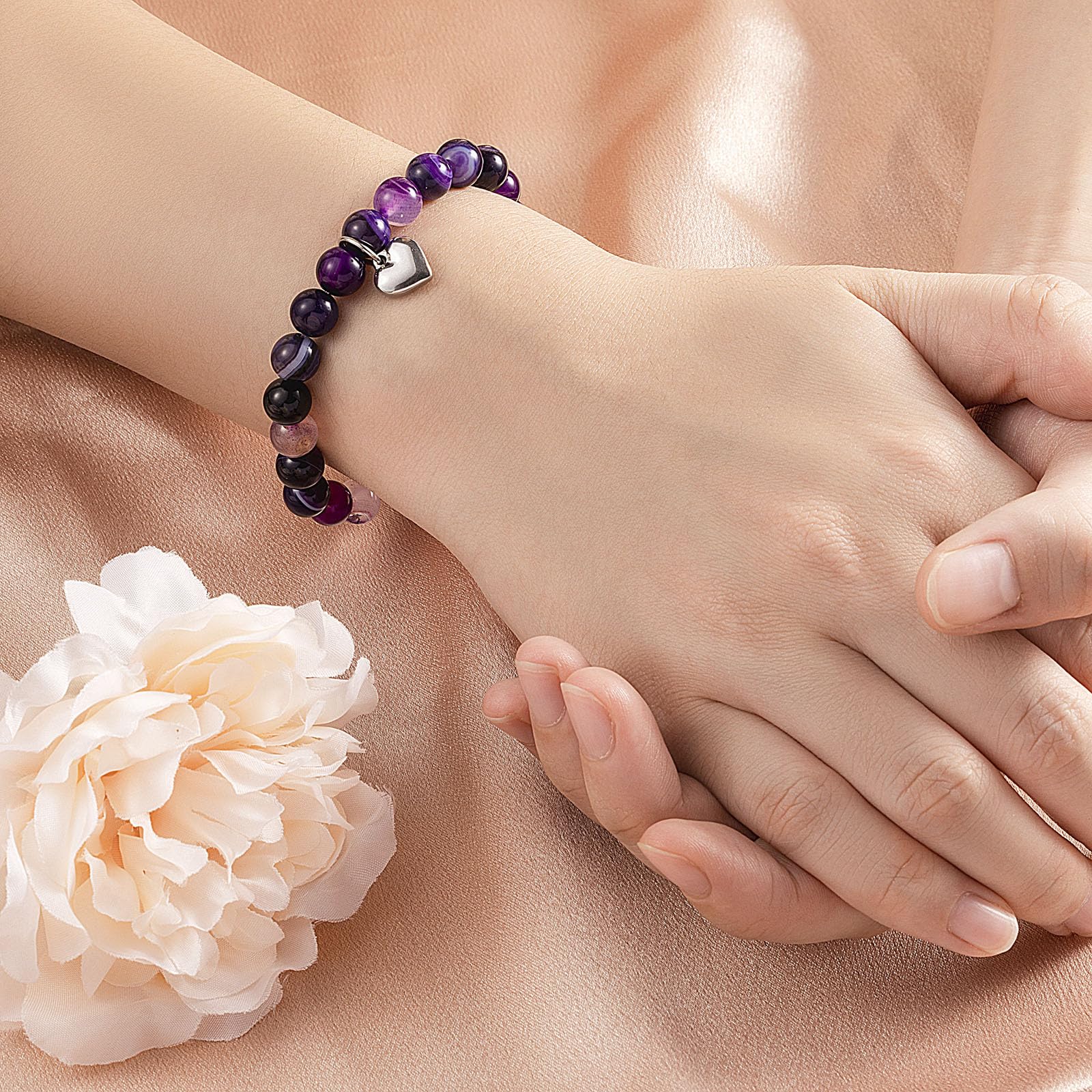 LAXPICOL Stretch Bracelet for Women - Natural Quartz Crystal Beaded Bracelet with Heart Pendant, Birthday & Valentine's Gift for Her - Perfect for Everyday Wear, Special Occasions & Jewelry Gifts