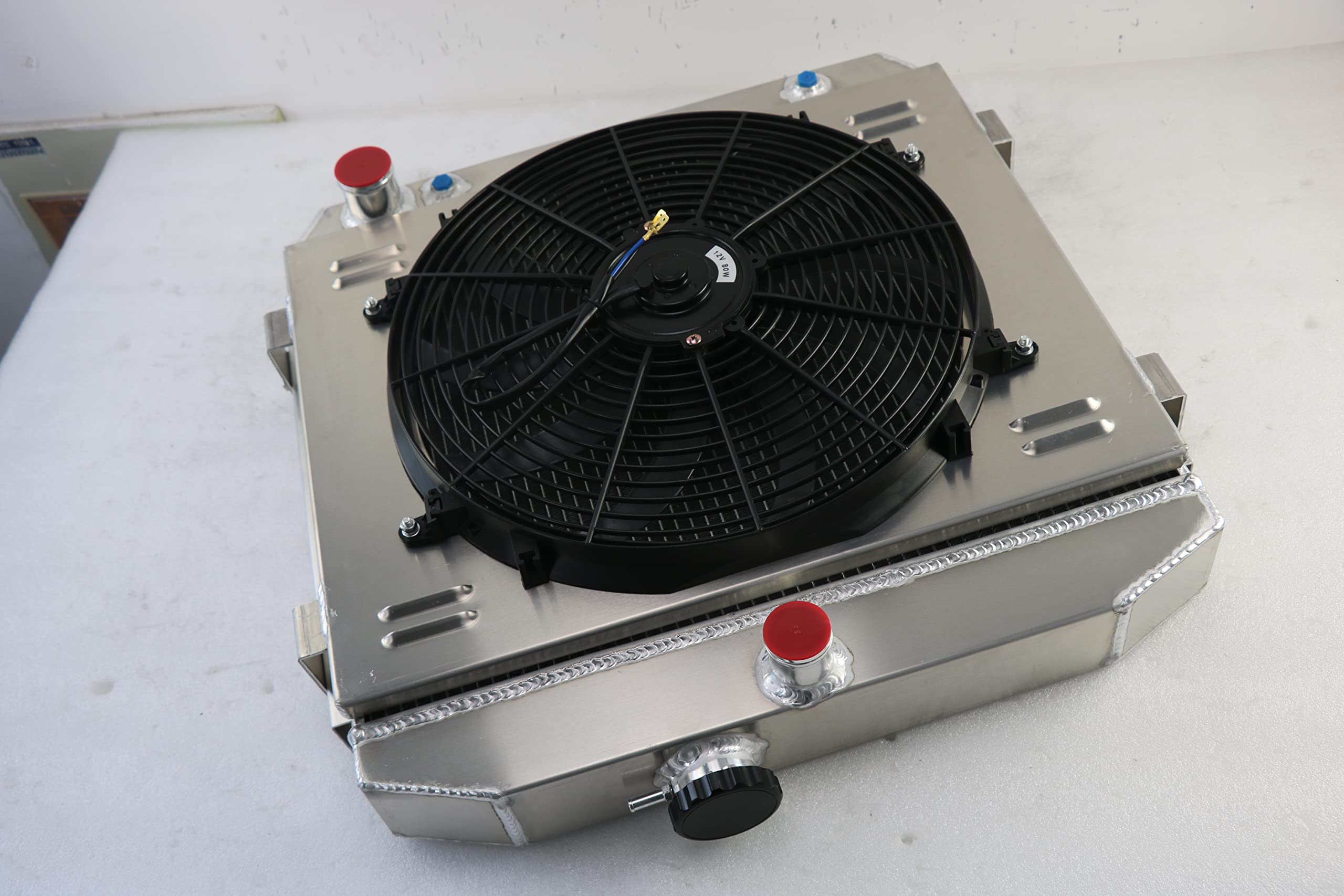 4 Row Aluminum Radiator with Electric Fan Shroud & Thermostat Kit for 1955-1957 Chevy Bel Air, Belair Nomad, 210, 150 V8 MT - High Performance Cooling System for Classic Car Restoration & Hot Rod Upgrades