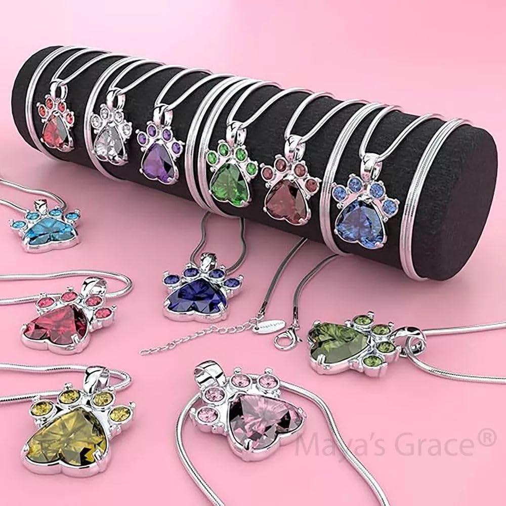 Mayas Grace Birthstone Paw Print Pendant Necklace for Women - Genuine Rhinestone Gemstone Jewelry - Perfect Gift for Pet Lovers, Mothers Day & Anniversary