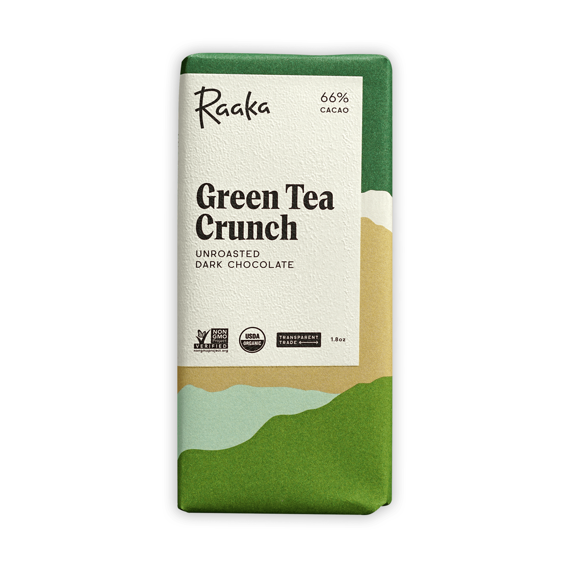 Organic Raaka Green Tea Crunch 66% Dark Chocolate Bar - Vegan, Fair Trade, Gluten-Free - Perfect for Gifting, Snacking & Healthy Desserts