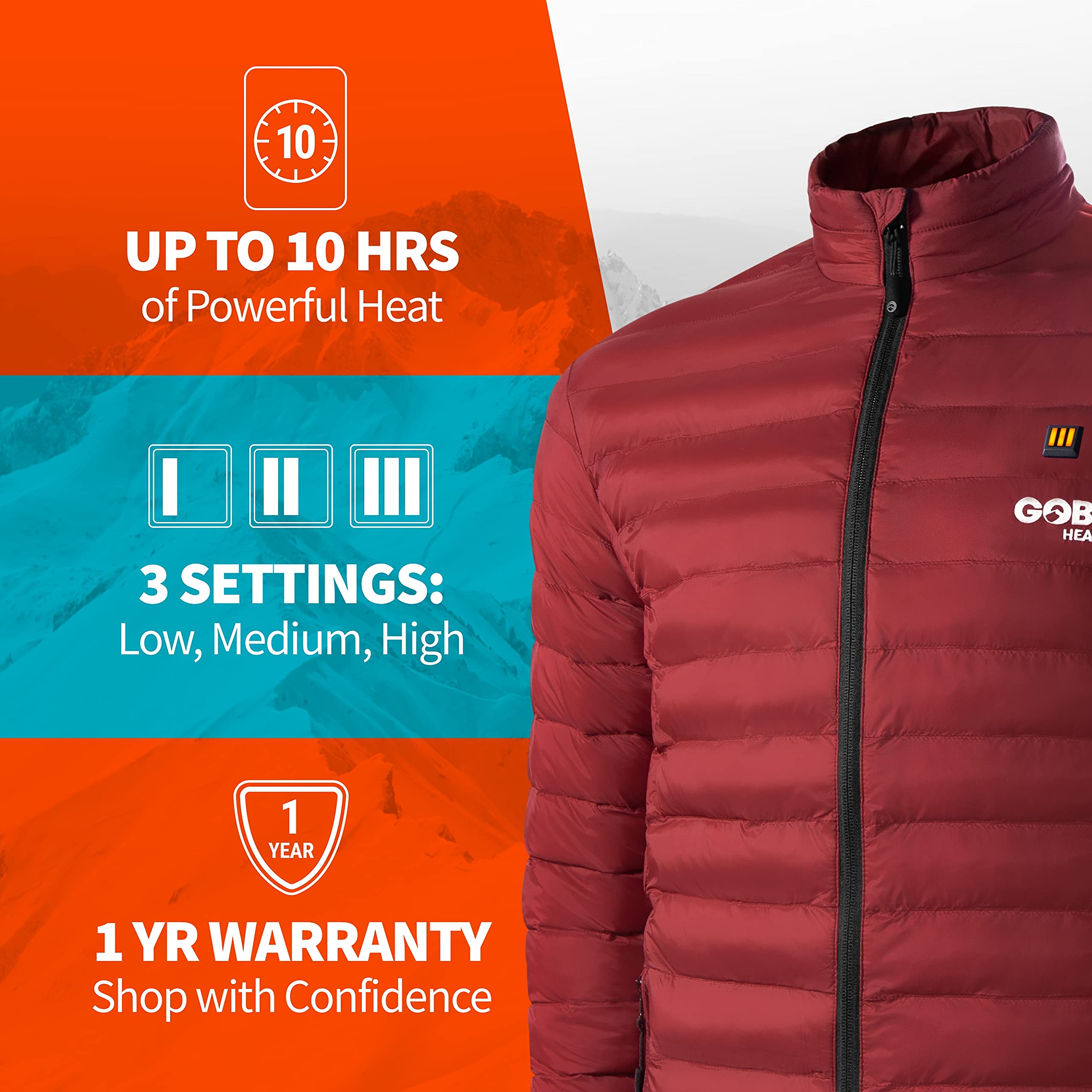 Wolf Men's Puffer Heated Jacket with 10-Hour Heating - Rechargeable Battery & Charger Included | Winter Outdoor Activities, Skiing, Hiking, Camping