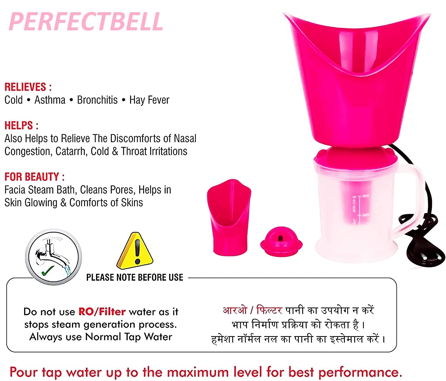 KIDINGTON 3-in-1 Face, Nose & Cough Steamer - Plastic Steam Vaporizer, Facial Sauna & Steamer Machine for Adults & Kids (Pink) | Relieves Congestion, Hydrates Skin - Perfect for Cold Relief & Home Spa Treatments