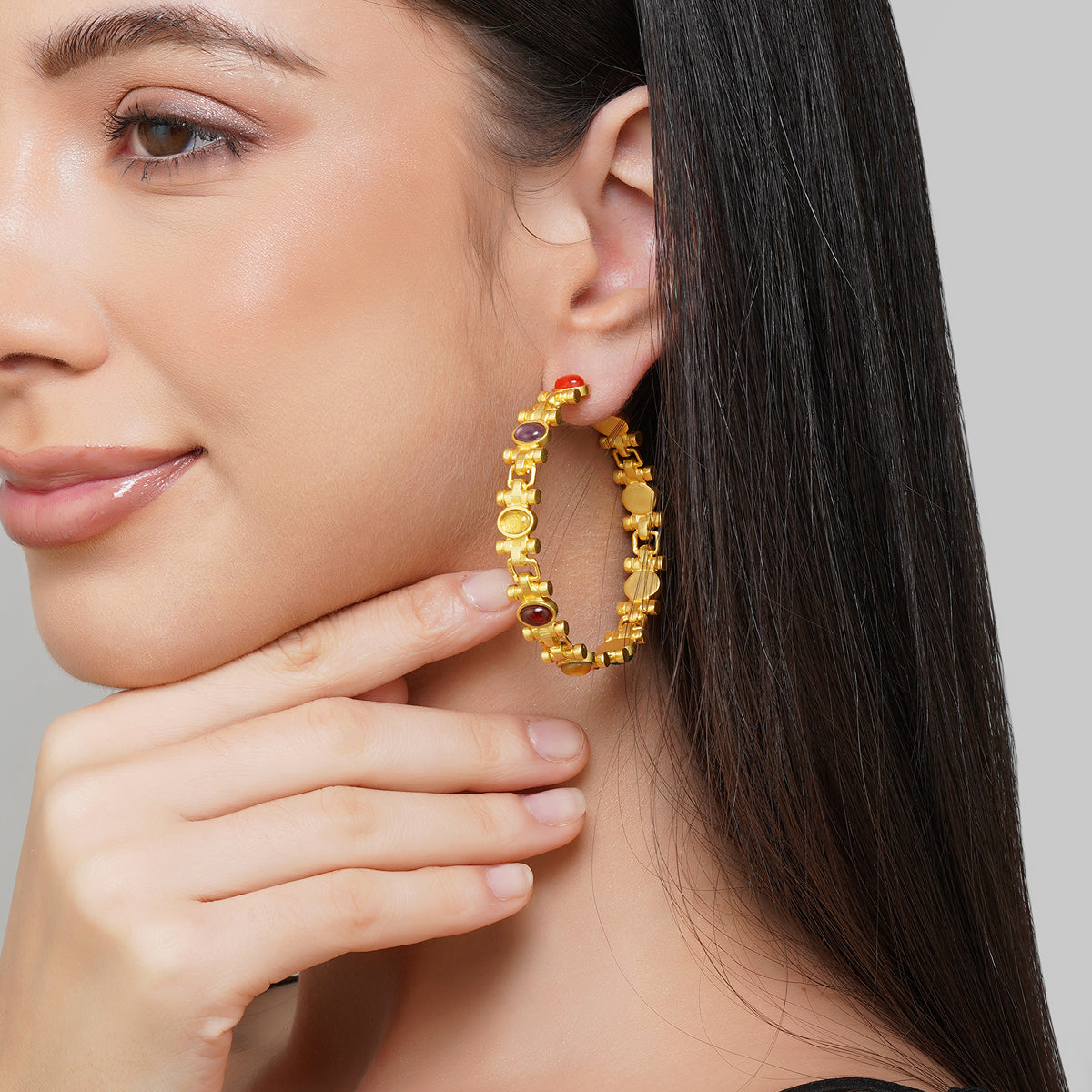 Power Hoops Navratan Earrings – Stylish Indian Jewelry for Women | Perfect for Parties, Weddings & Festive Occasions