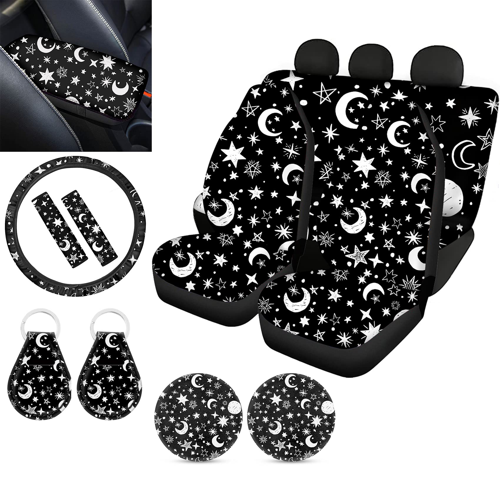 Belidome Star Moon Car Seat Covers Set - Steering Wheel Cover, Armrest Protector & Seat Belt Pads with Soft Stretch Fabric - Universal Fit for Most Vehicles - Perfect for Daily Commute, Road Trips & Car Decor