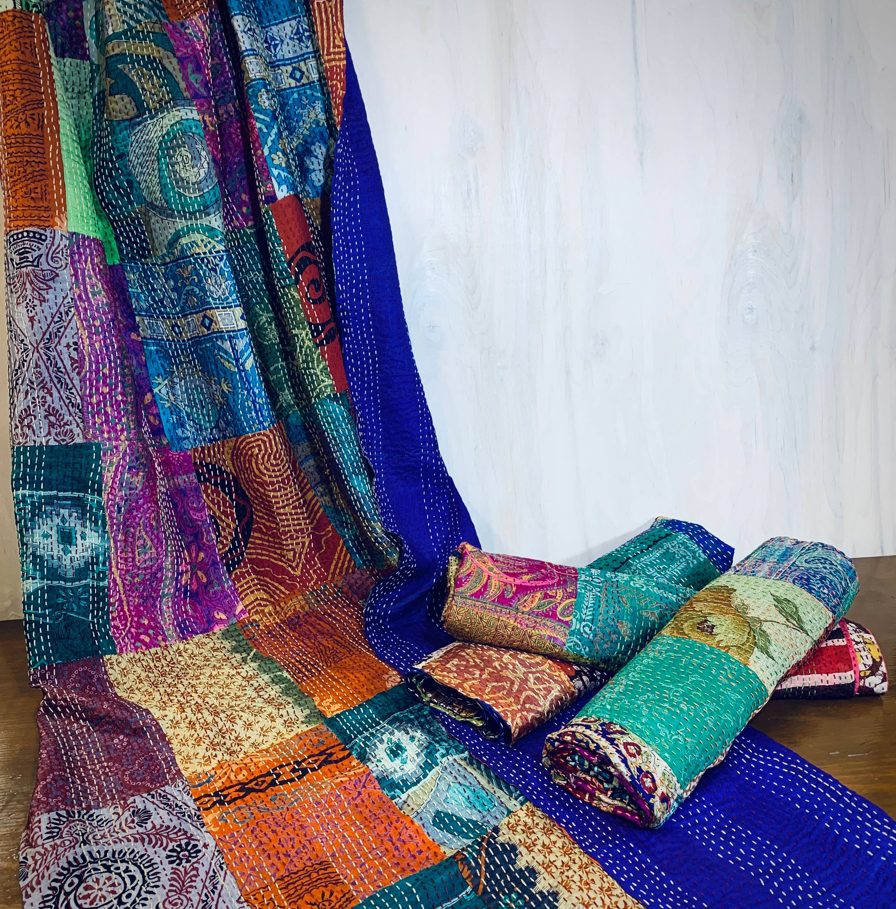 Handmade Silk Sari Kantha Throws - Traditional Indian Embroidered Bedspreads & Decorative Throws for Sofa, Bed, and Home Decor