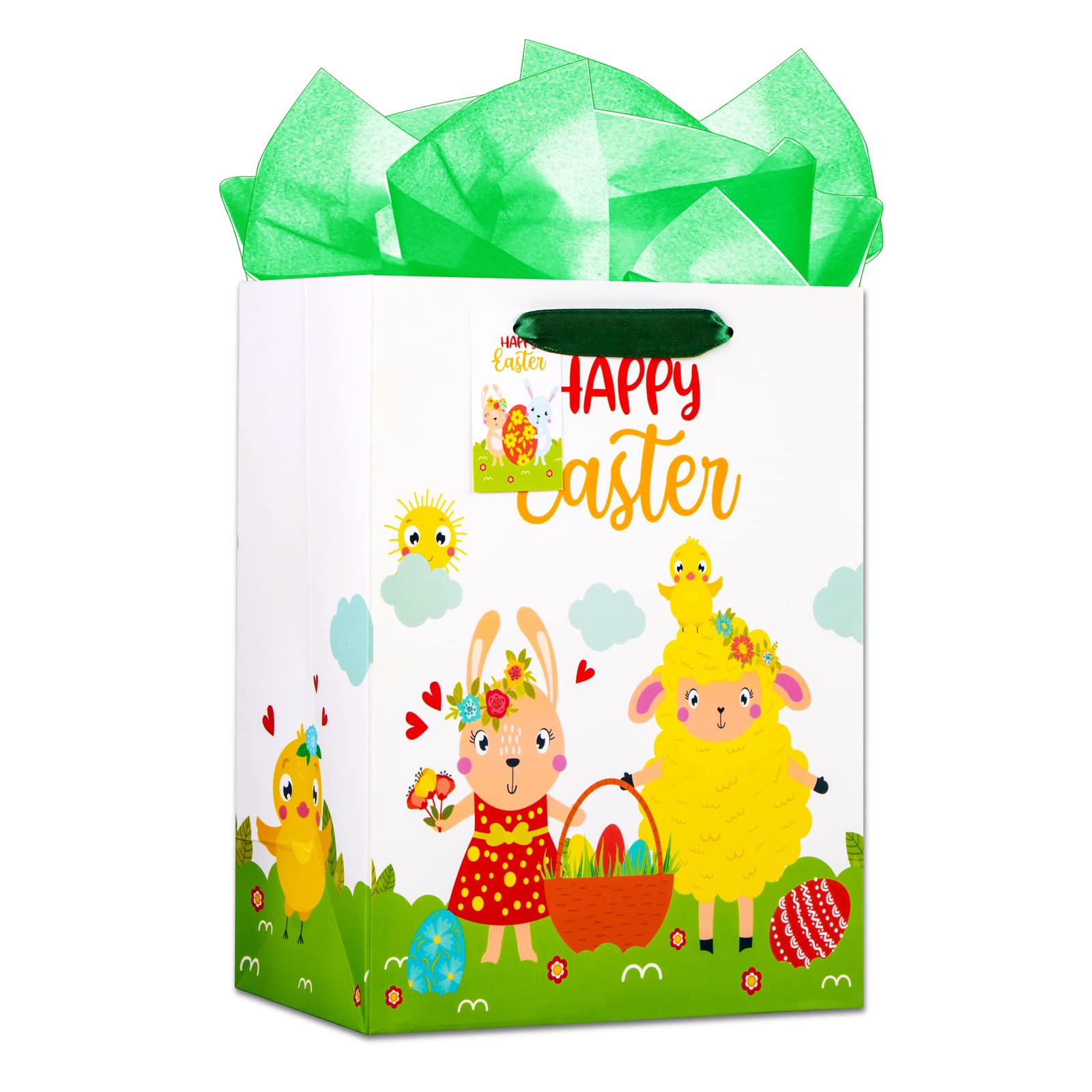 WaaHome Easter Gift Bags with Handles - 11.5x9x5 Inch Medium Easter Bunny, Sheep, Egg & Chick Themed Party Favor Bags with Green Tissue Paper - Perfect for Kids Easter Egg Hunt, Classroom Treats & Spring Celebrations