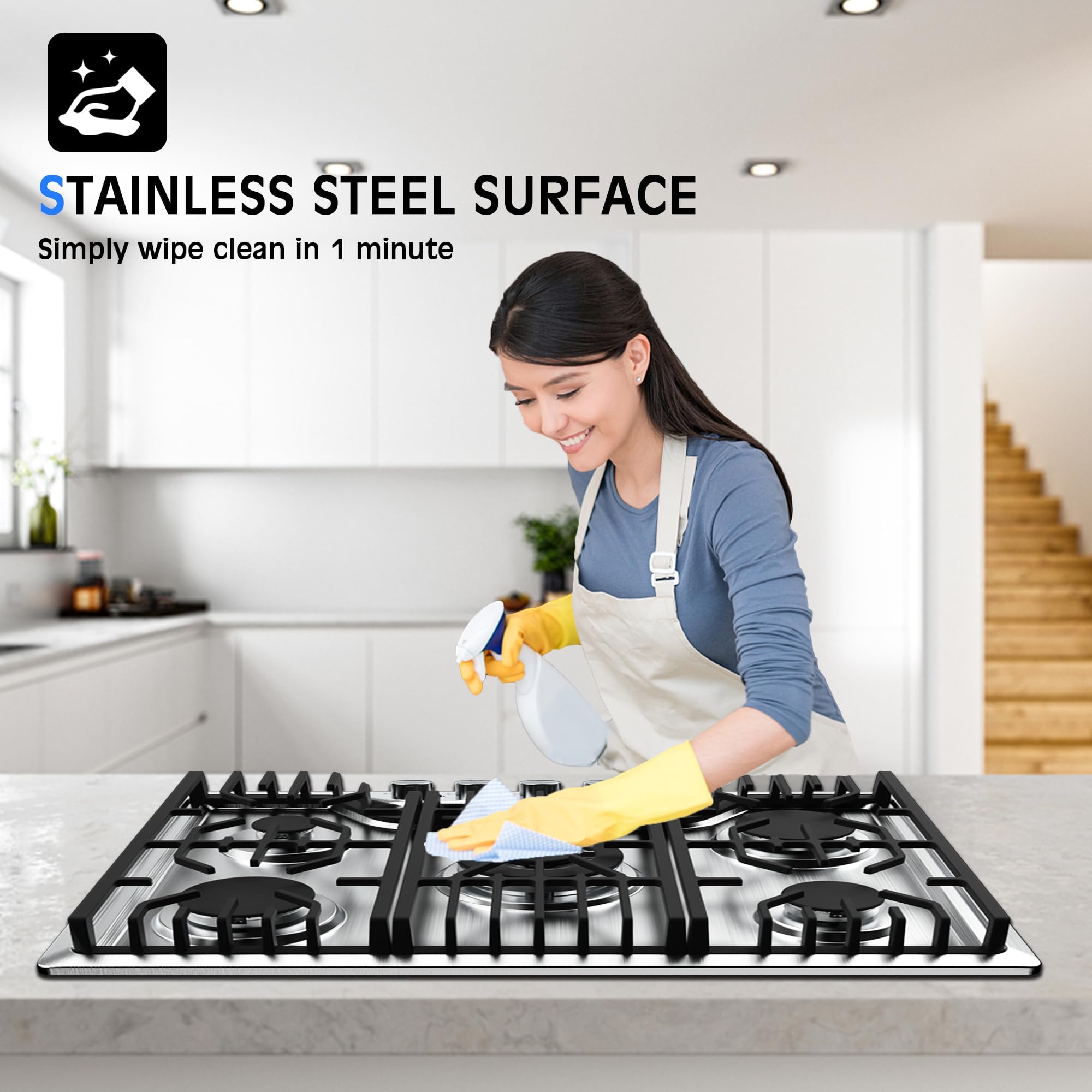 36 Inch 5-Burner Built-In Gas Cooktop with Thermocouple Protection - Stainless Steel Propane Stove Top for Professional Kitchens & Home Cooking