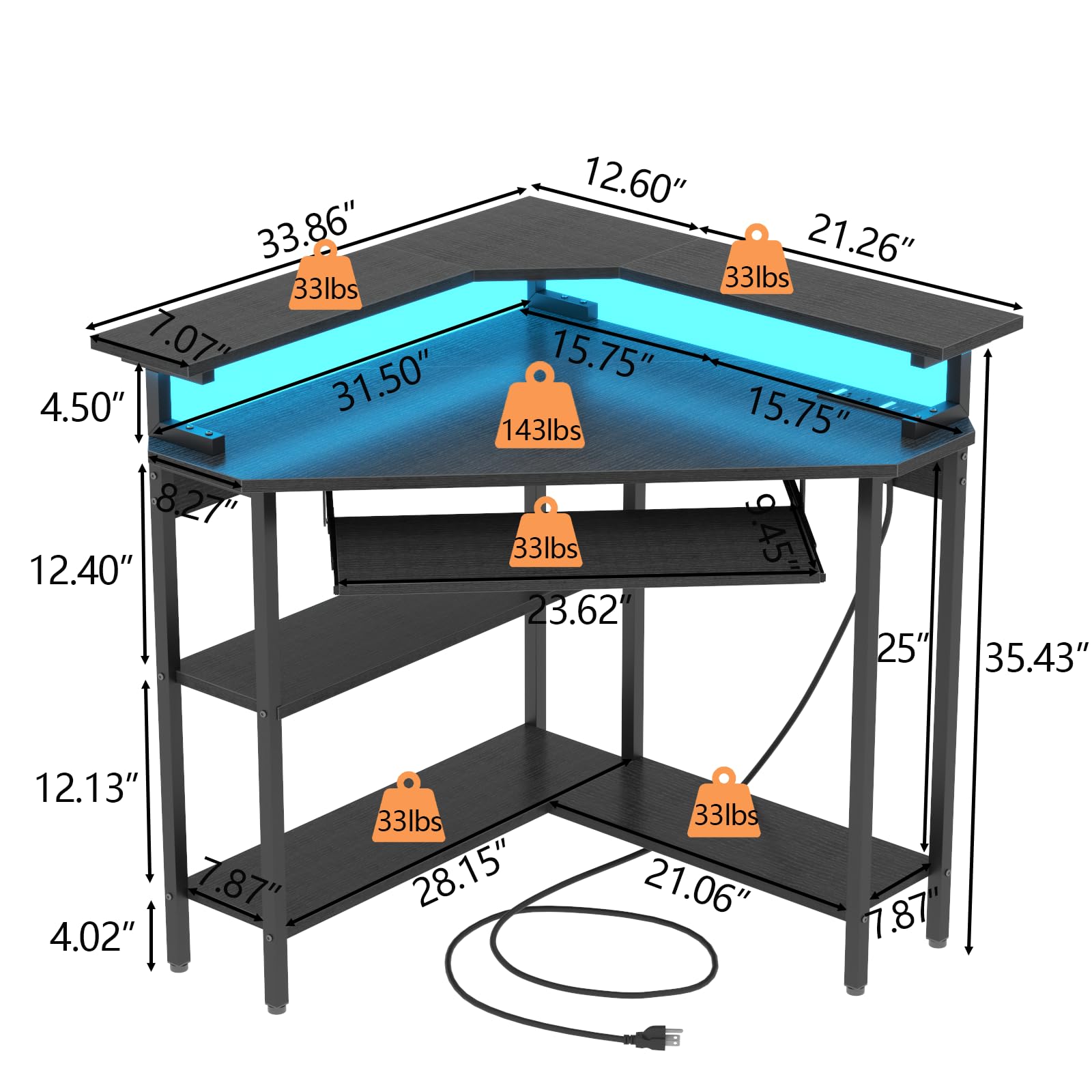 Corner Desk with Charging Station & LED Light - Triangle Computer Desk with Monitor Stand, Keyboard Tray & Storage Shelves for Small Spaces - Perfect for Home Office, Gaming Setup & Workstation (Black)