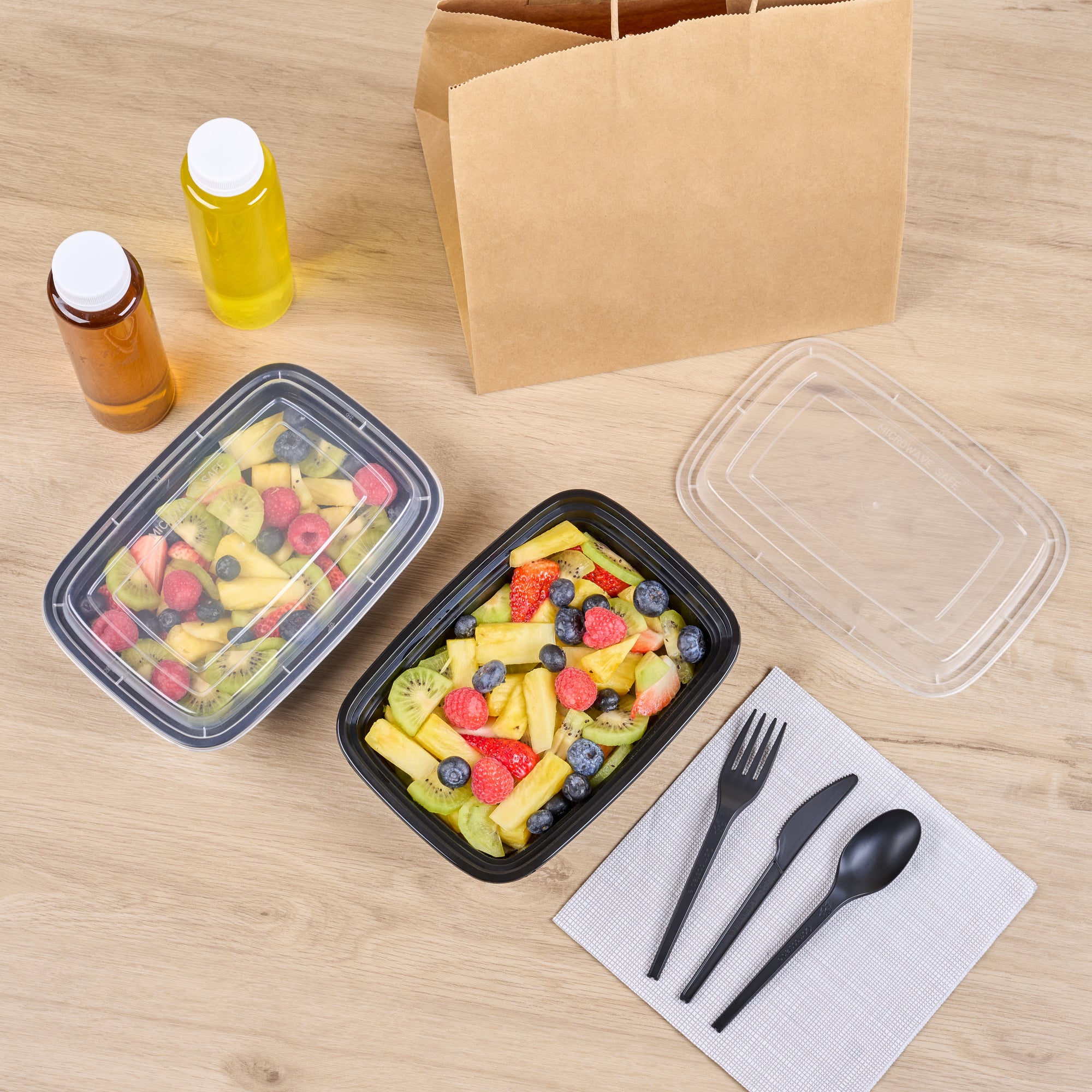38 oz Black Rectangle Plastic Food Storage Containers with Clear Lids - Microwave Safe To-Go Boxes (8.75