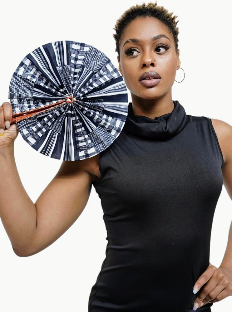 Dupsie's Koumadi Foldable Black and White African Print Ankara Kente Fan - Handheld Cooling Fan for Summer, Weddings & Cultural Events - DPPFB0795