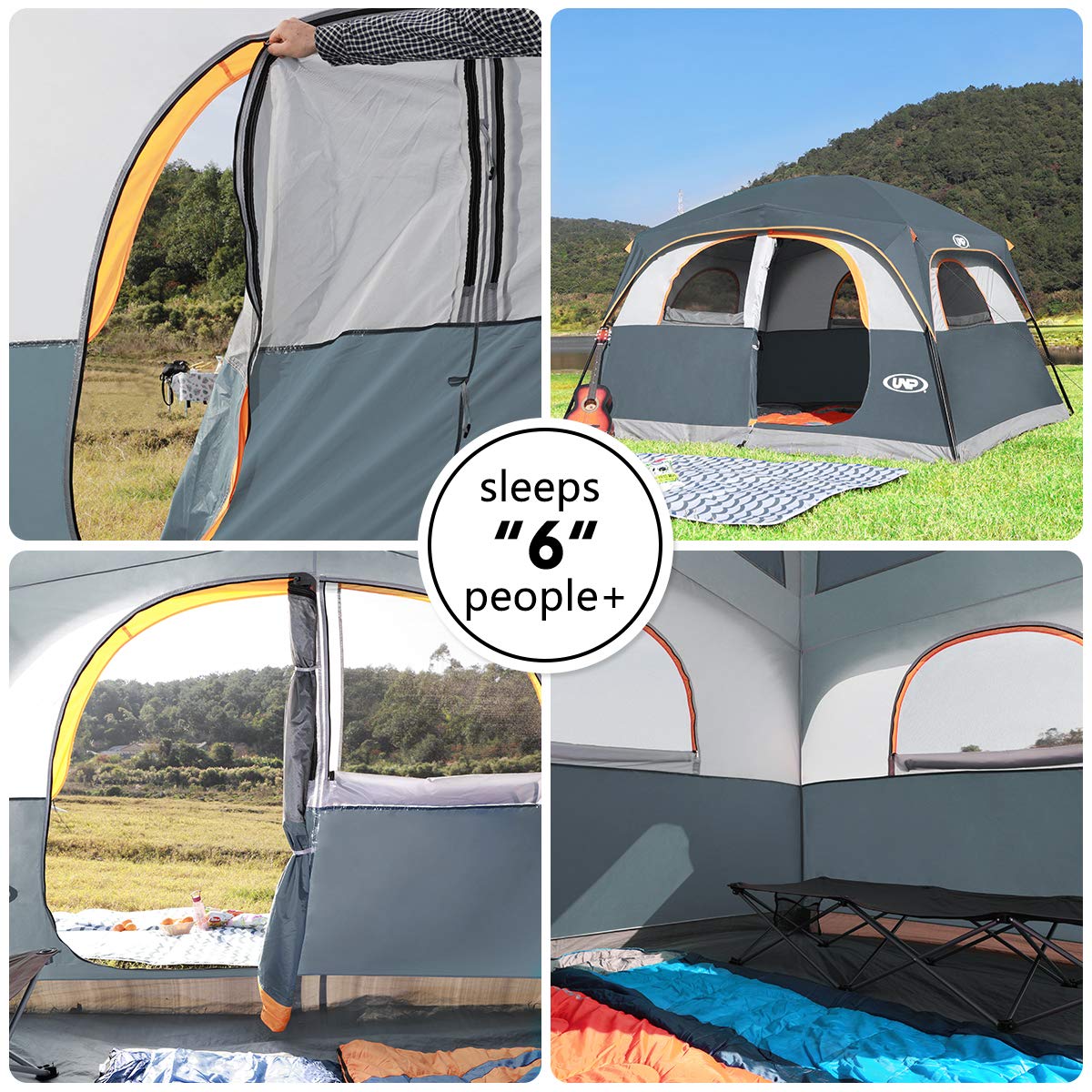 UNP 6-Person Waterproof Windproof Family Camping Tent - Easy Setup Double Layer Design with 1 Mesh Door & 5 Large Windows (10'x9'x78