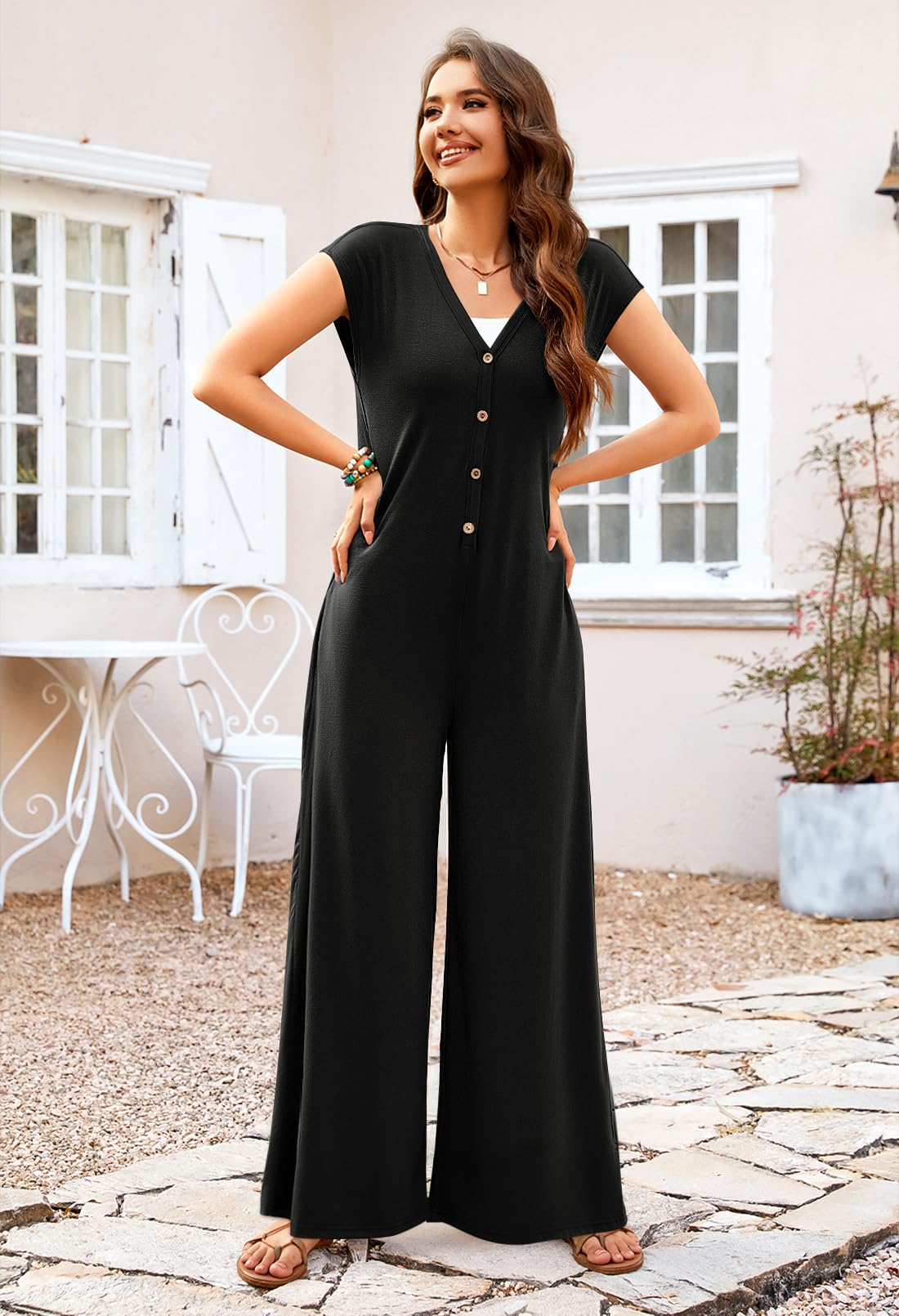 MEROKEETY Women's 2025 Summer Cap Sleeve Jumpsuit - Deep V Neck Button Front Romper with Wide Leg Pants | Casual Outfit for Beach, Vacation & Summer Parties