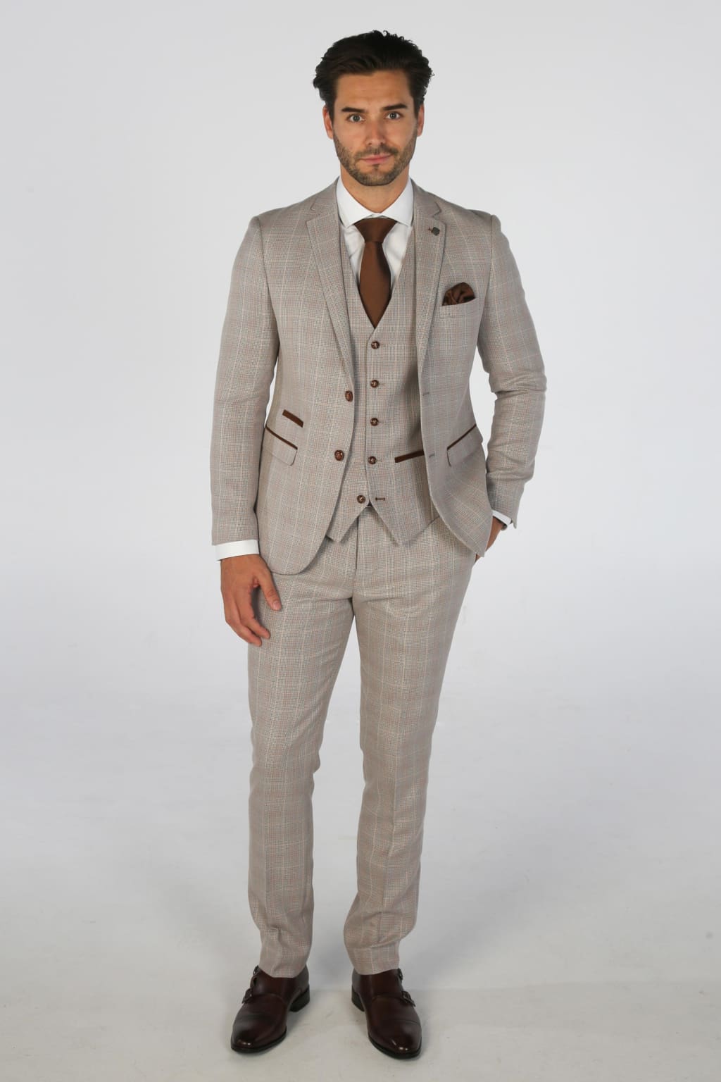 Leo Beige Check Three Piece Suit for Men - Classic Formal Business Attire for Weddings, Interviews & Special Occasions