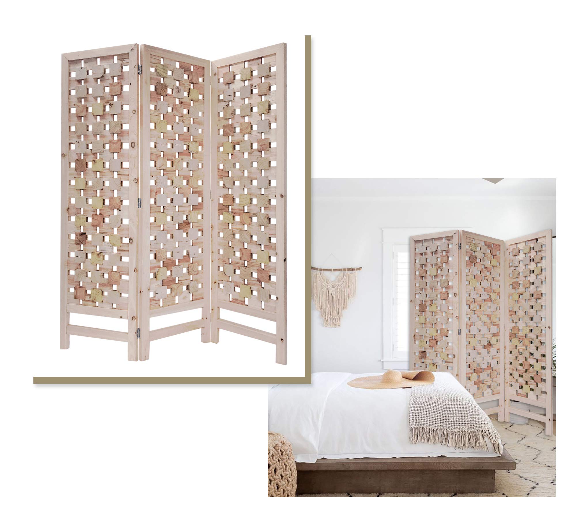 HomeRoots 3-Panel Pink Room Divider with Cut Square Wood Design - Privacy Screen for Bedroom, Office & Living Space