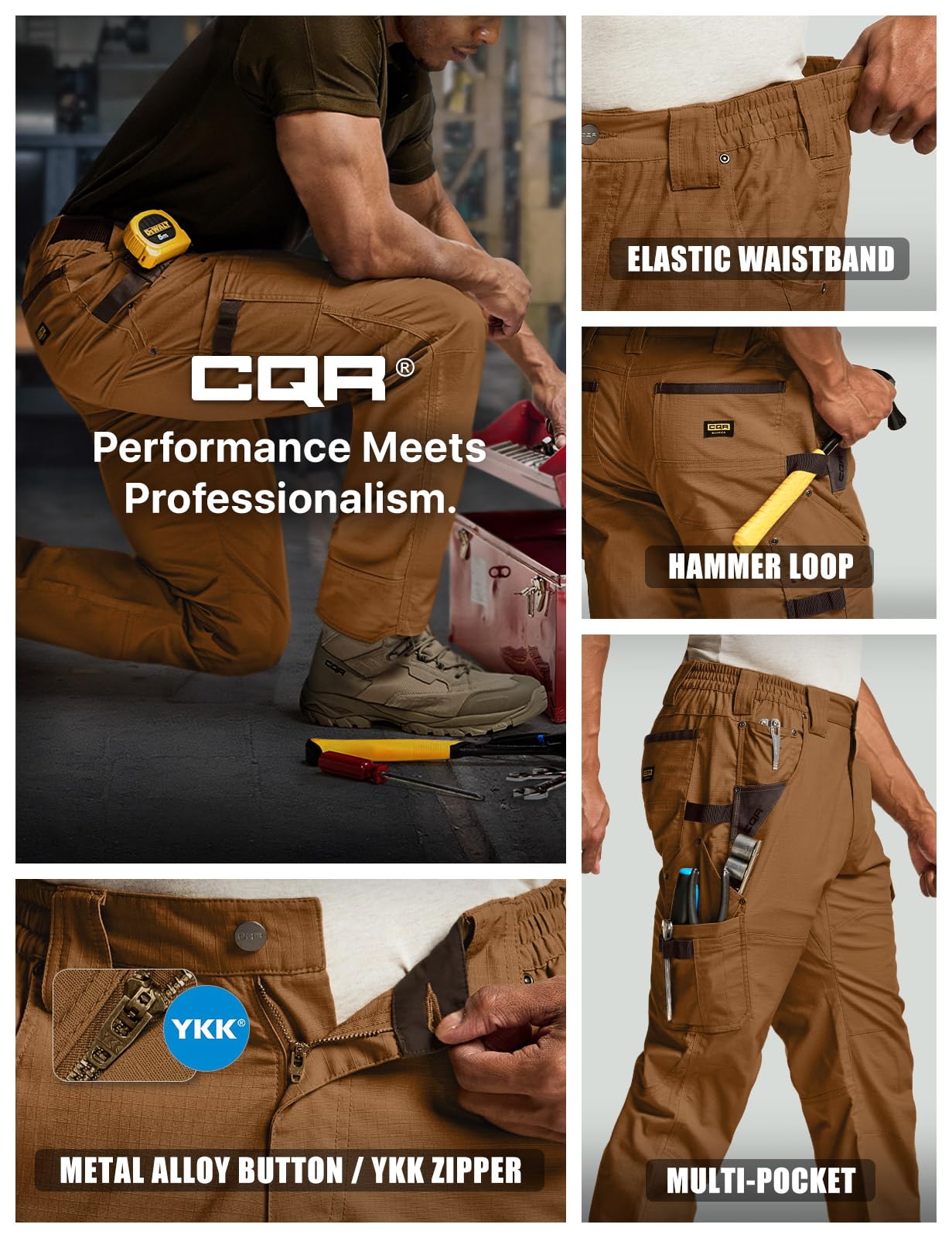 CQR Men's Flex Ripstop Work Pants - Water Resistant Tactical Cargo Pants for Outdoor, EDC & Utility Operations | Durable Outdoor Hiking, Construction & Tactical Gear