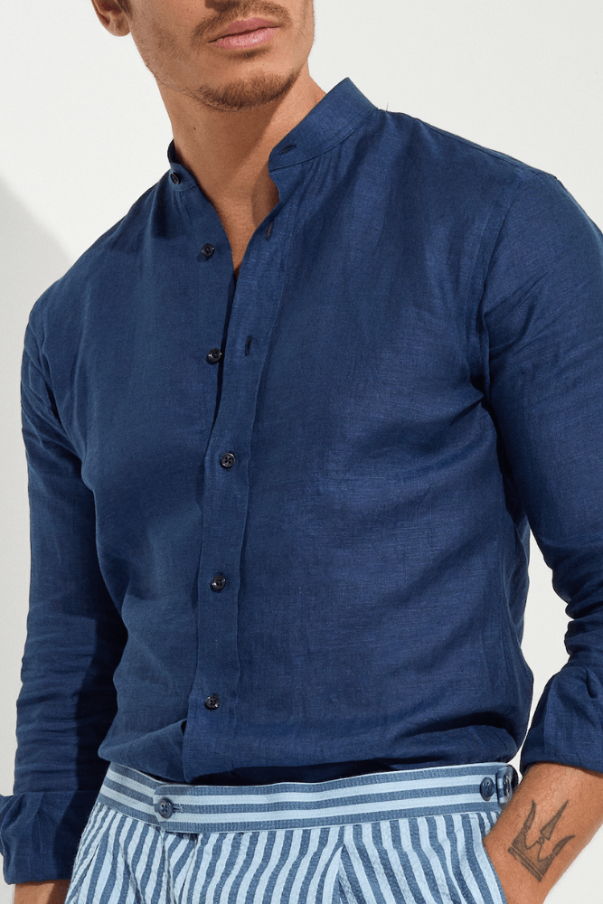 Marcello Stand Collar Linen Shirt for Men - Navy Blue Casual Button Down Shirt | Breathable & Lightweight Summer Office Wear & Outdoor Activities
