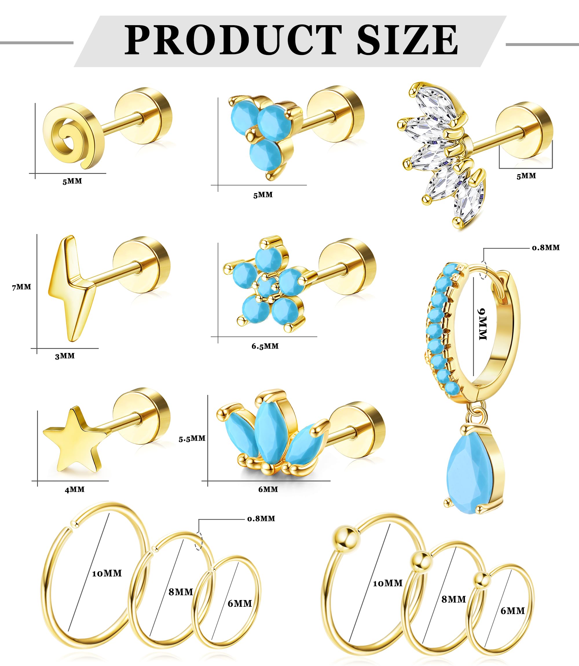14Pcs Surgical Steel Cartilage Earrings Set - Tragus, Rook, Daith Hoop Studs for Women | Turquoise Body Jewelry for Pierced Ears | Perfect for Daily Wear, Parties & Gifts