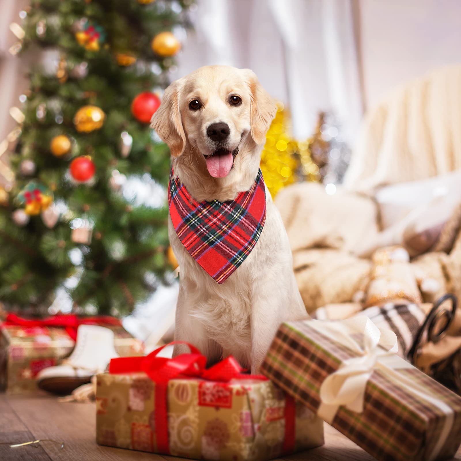 Malier 2 Pack Christmas Plaid Dog Bandanas - Classic Holiday Pet Scarves & Triangle Bibs Set for Small Medium Large Dogs & Cats - Festive Pet Costume Accessories (Green + Red, Small) - Perfect for Christmas Photos, Pet Parties & Holiday Decorations