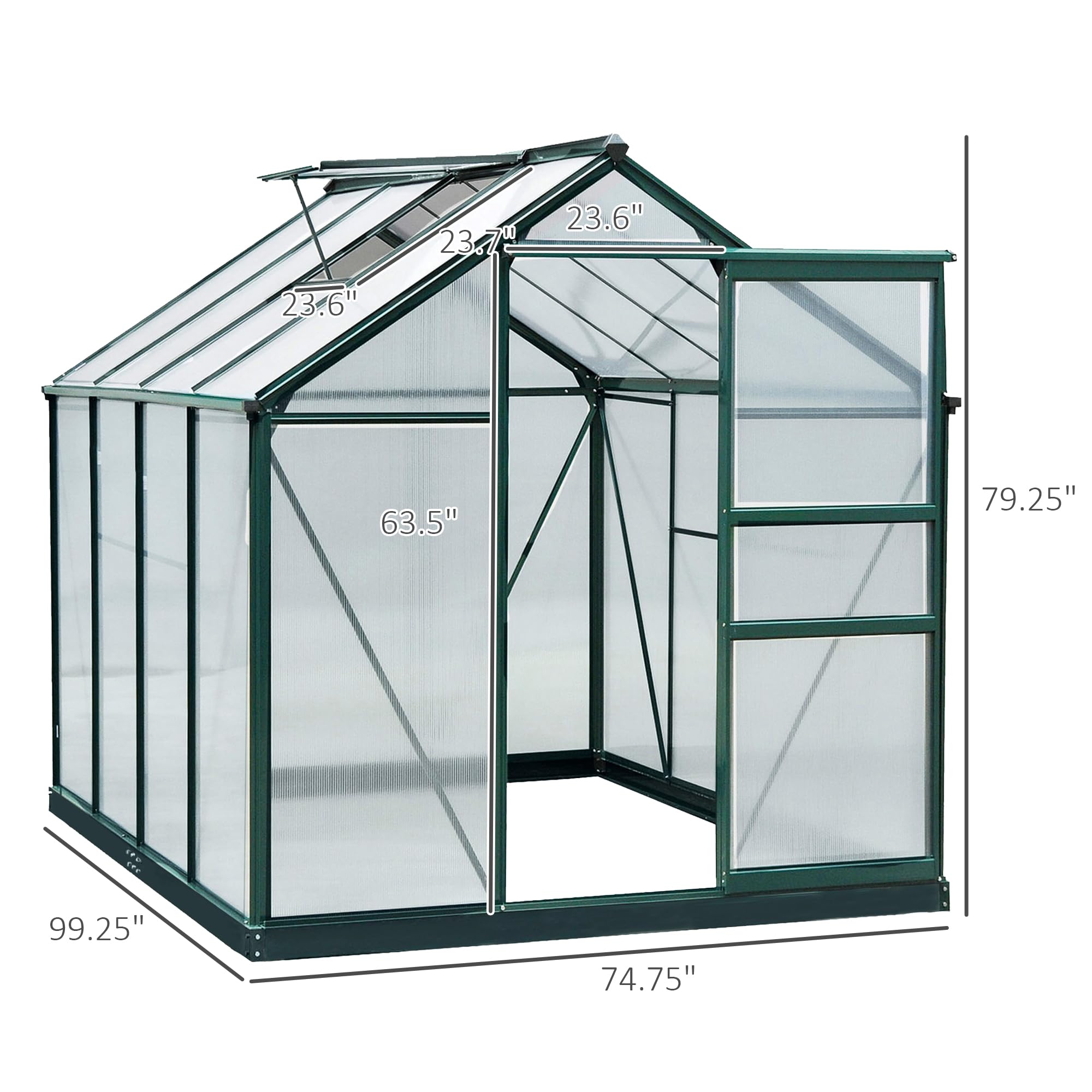 Outsunny 6' x 8' Polycarbonate Greenhouse with Rain Gutter & Roof Vent - Durable Aluminum Walk-in Outdoor Greenhouse for Backyard, Patio & Garden (Dark Green) - Perfect for Growing Vegetables, Herbs & Flowers Year-Round