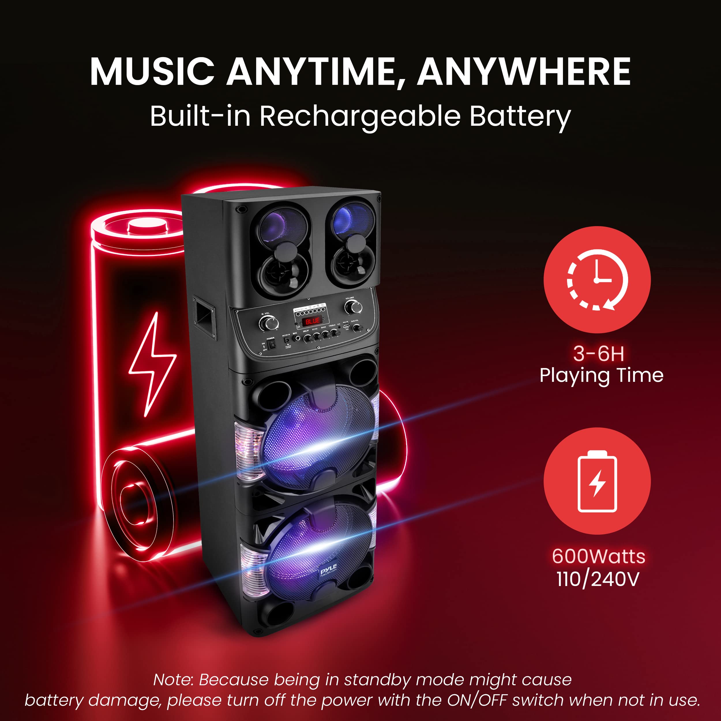 Pyle 600W Portable Bluetooth PA Speaker - Dual 10” Rechargeable Indoor/Outdoor Karaoke System with Wireless Mic - LED Display, FM/AUX/MP3/USB/SD, 1/4