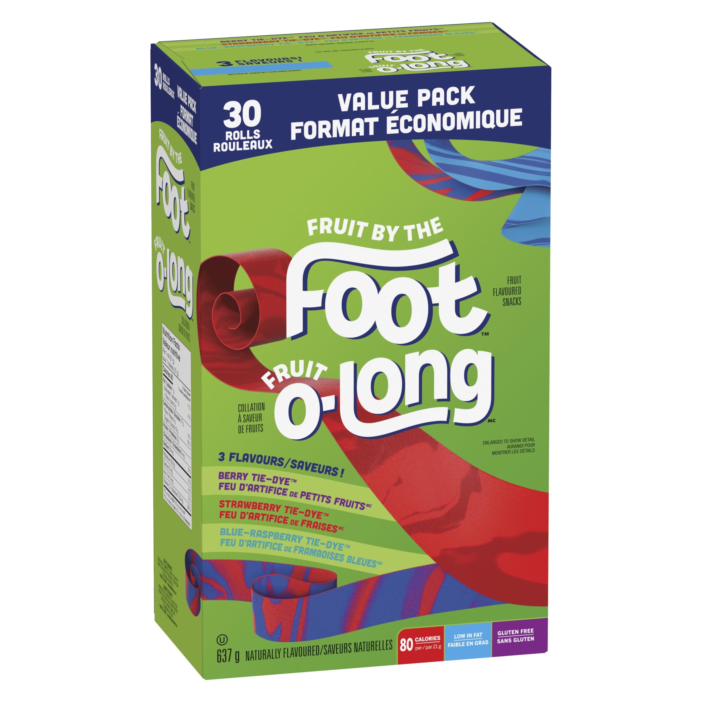 Betty Crocker Fruit by the Foot Value Pack - 30 Rolls of Strawberry, Blue Raspberry & Berry Tie-Dye Fruit Flavored Snacks (637g) | Kids Lunch Box, School Snacks & Party Treats
