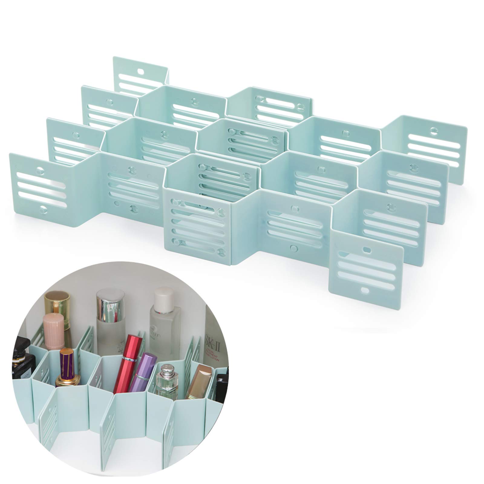 Honeycomb Drawer Organizer - Plastic Partition for Underwear, Socks, Bras, Ties, Belts & Scarves | DIY Closet Storage Cabinet Divider | Bee Style Household Drawer Dividers - Blue | Perfect for Bedroom, Bathroom & Office Organization