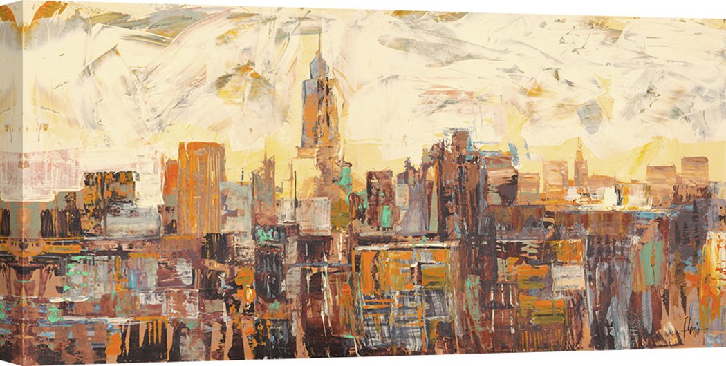 Luigi Florio 'Morning in New York' Canvas Art Print - 55x28 Inch Large Wall Decor for Living Room, Bedroom & Office - Premium Stretched Framed Painting - Home & Office Decoration Gift Idea
